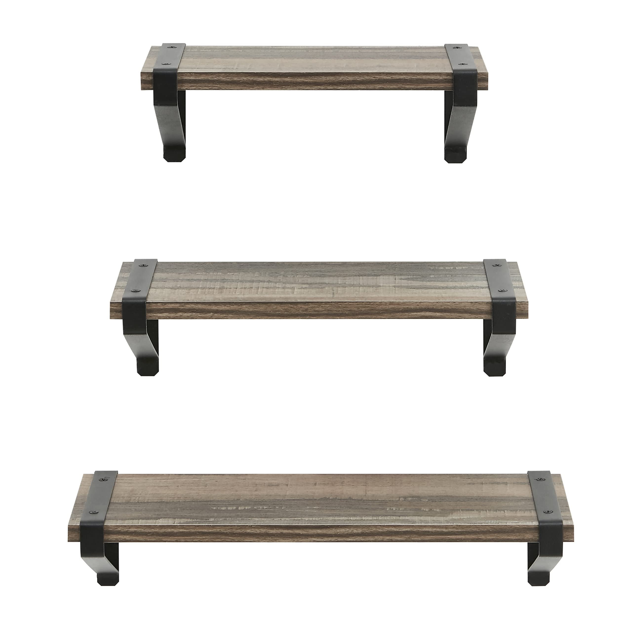 Danya B. Capri Set of 3 Floating Shelves - Wall Mounted Rustic Industrial Wood Wall Shelves with Black Iron Brackets for Bedroom, Living Room, Bathroom, Kitchen, Office - Perfect for Home Decor, Storage & Displaying Photos, Plants & Books