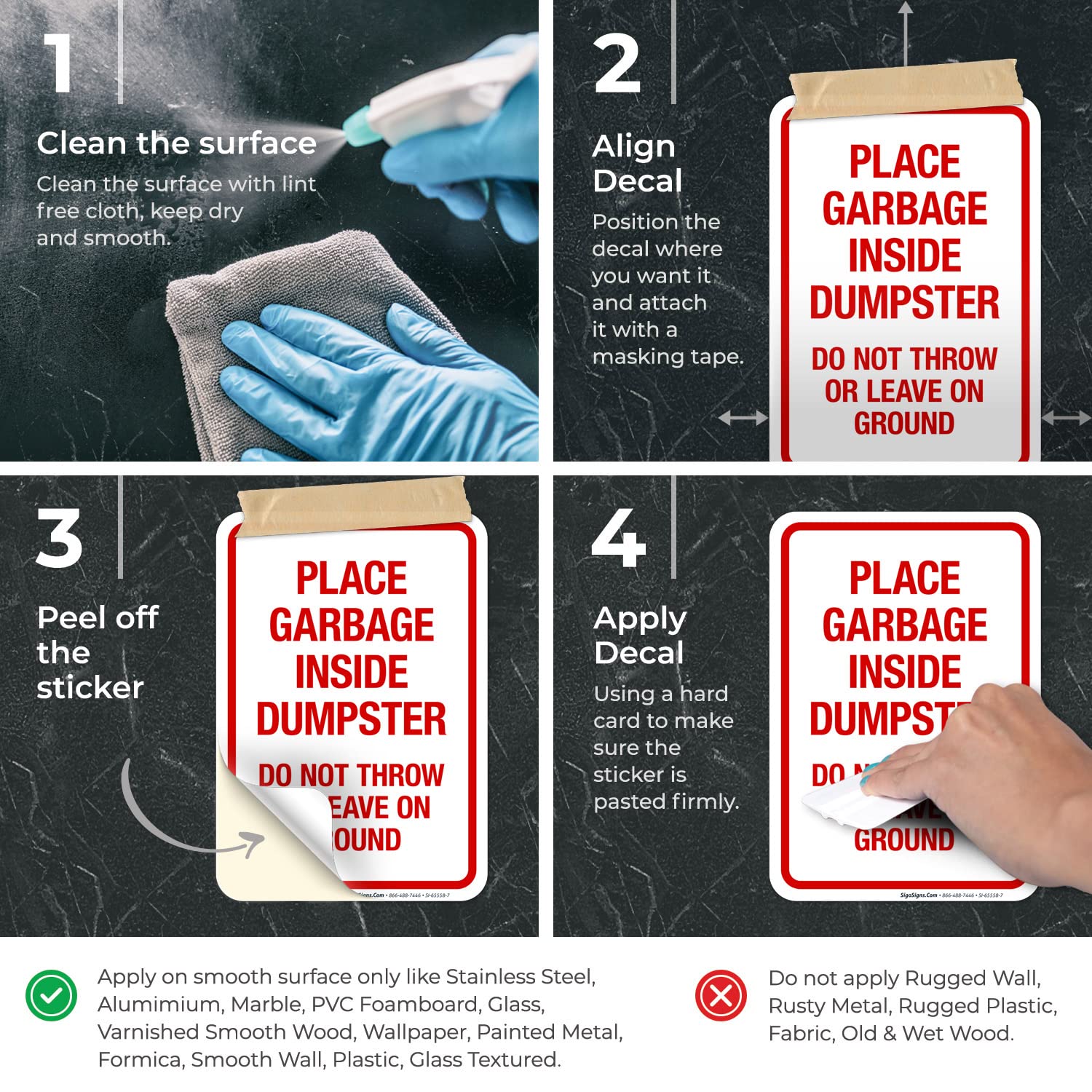 Dumpster Sign - 'Place Garbage Inside Do Not Throw On Ground' - 10x7 Inch Weatherproof Vinyl Decal Sticker (4 Mil Thick) - Made in USA - Perfect for Trash Bins, Waste Containers & Recycling Areas