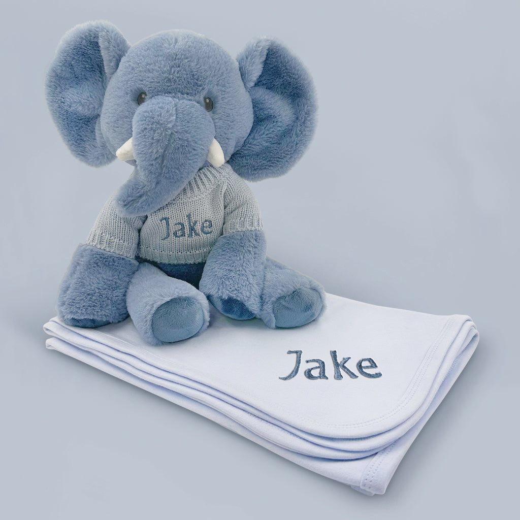 Personalized Esme Elephant Plush Toy with Snuggle Wrap - Soft Blue Stuffed Animal for Kids, Baby Shower Gift & Nursery Decor - Perfect for Cuddling, Gifting and Nursery Themes