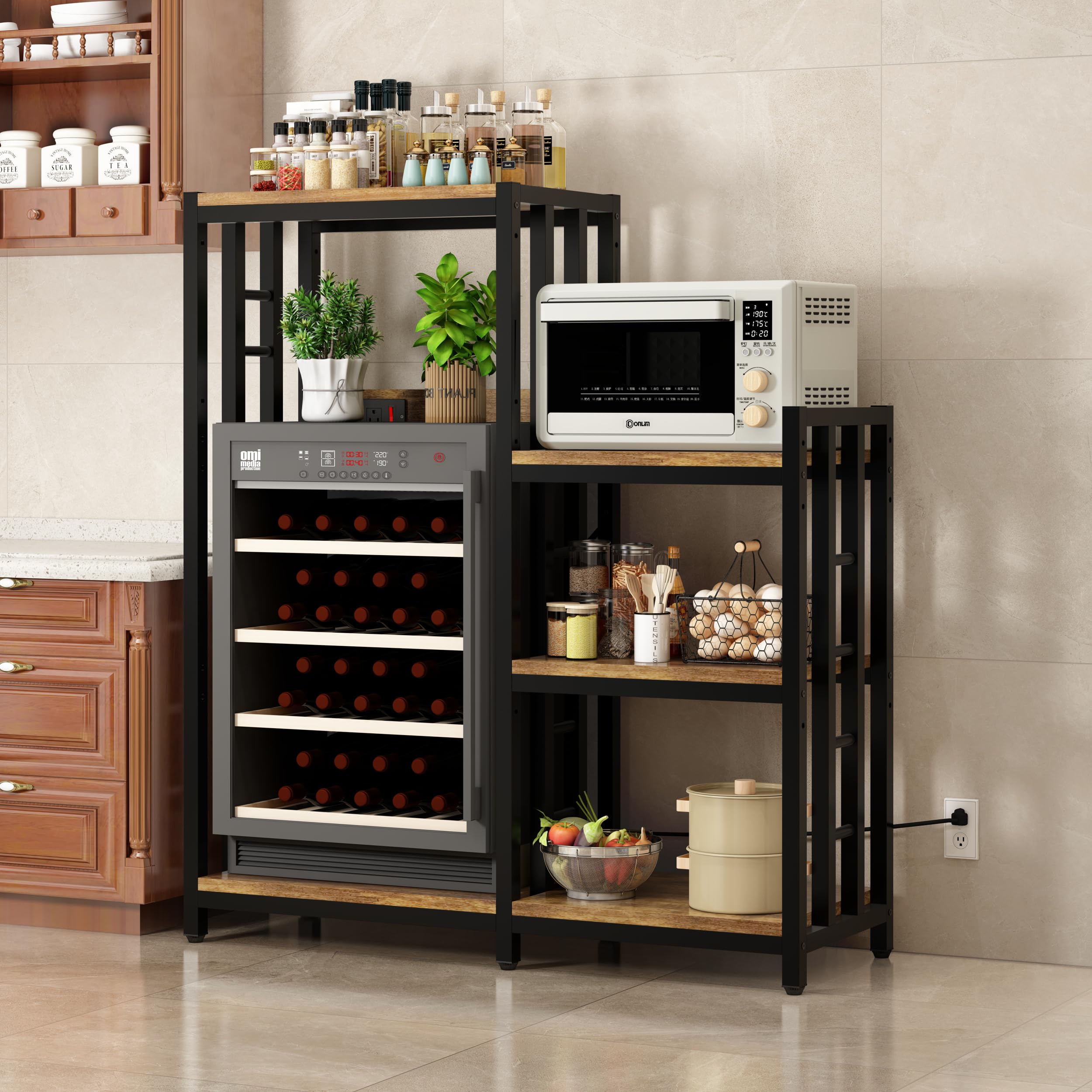 6-Tier Kitchen Baker's Rack with Power Outlet & Storage Shelves - Microwave Stand, Mini Fridge Organizer for Spices, Pots & Pans - Perfect for Kitchen, Living Room & Office (Brown)