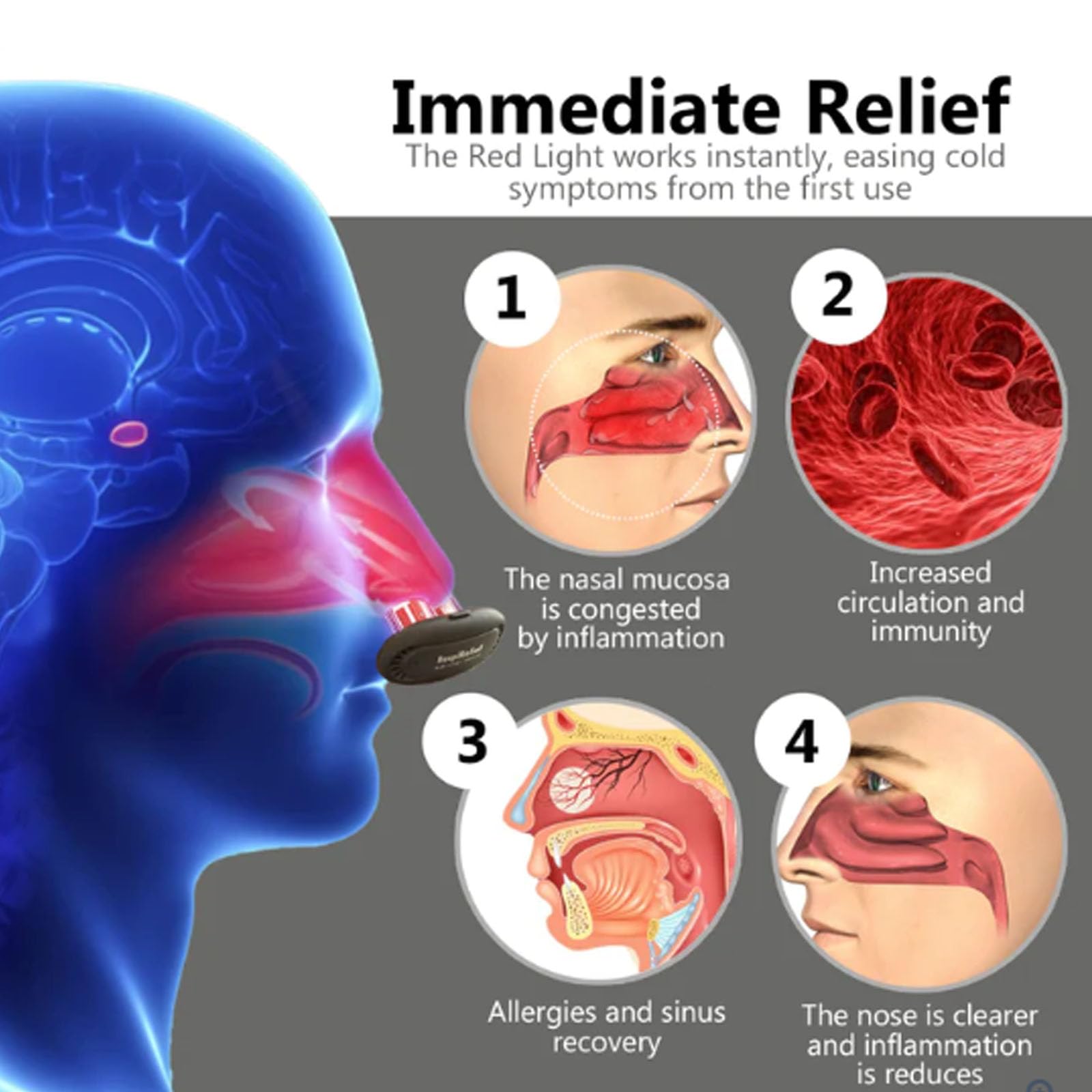 RespiRelief Red Light Nasal Therapy Device for Sinus Relief & Better Breathing - Portable Red Light Therapy for Nose (1 Pack) - Ideal for Allergy Relief, Cold Symptoms & Nasal Congestion at Home or Travel