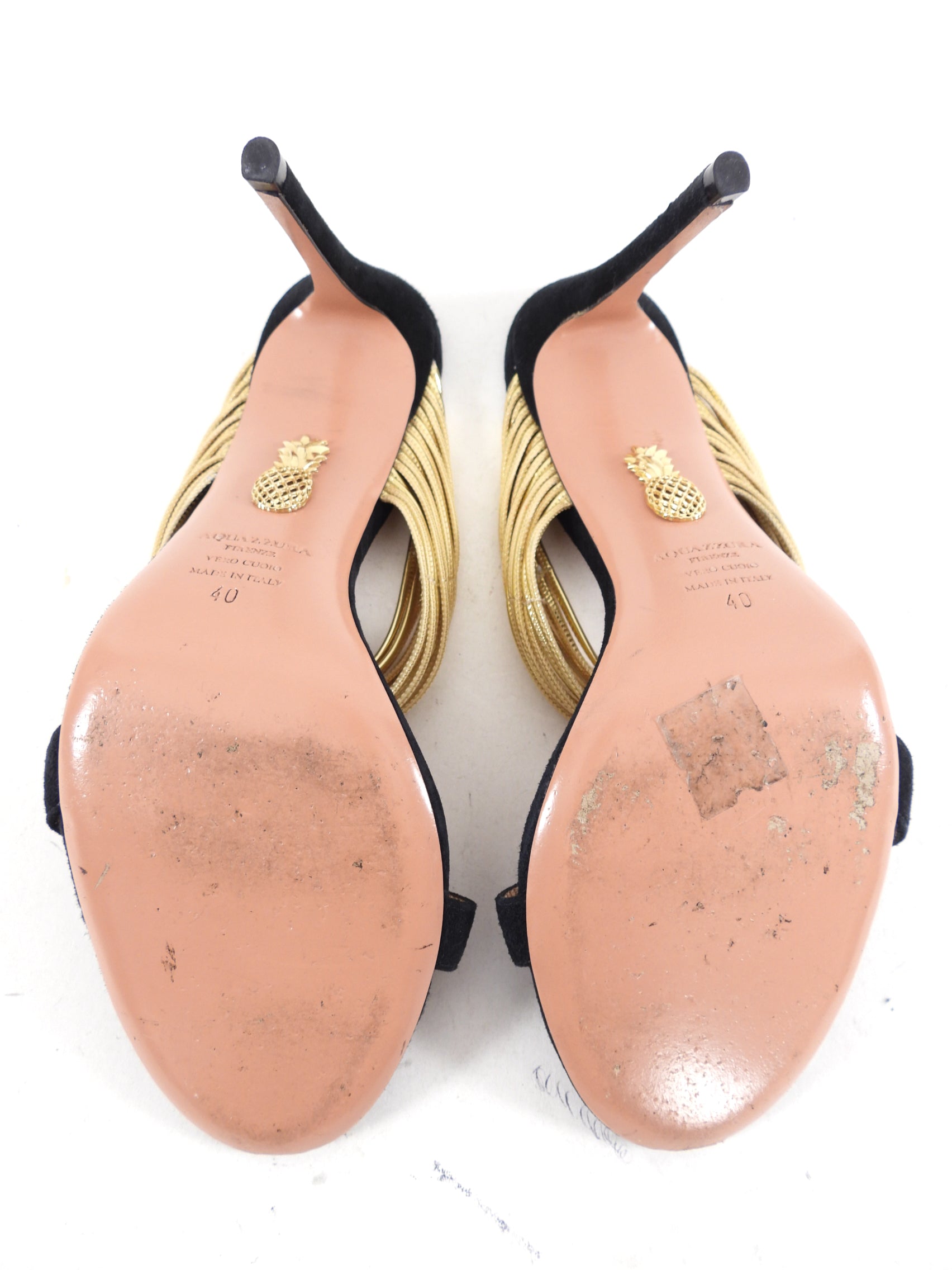 Aquazzura Women's Black Suede Gold Metallic Sandals Size 9.5 | Luxury High Heel Open Toe Dress Sandals for Weddings, Parties & Evening Events