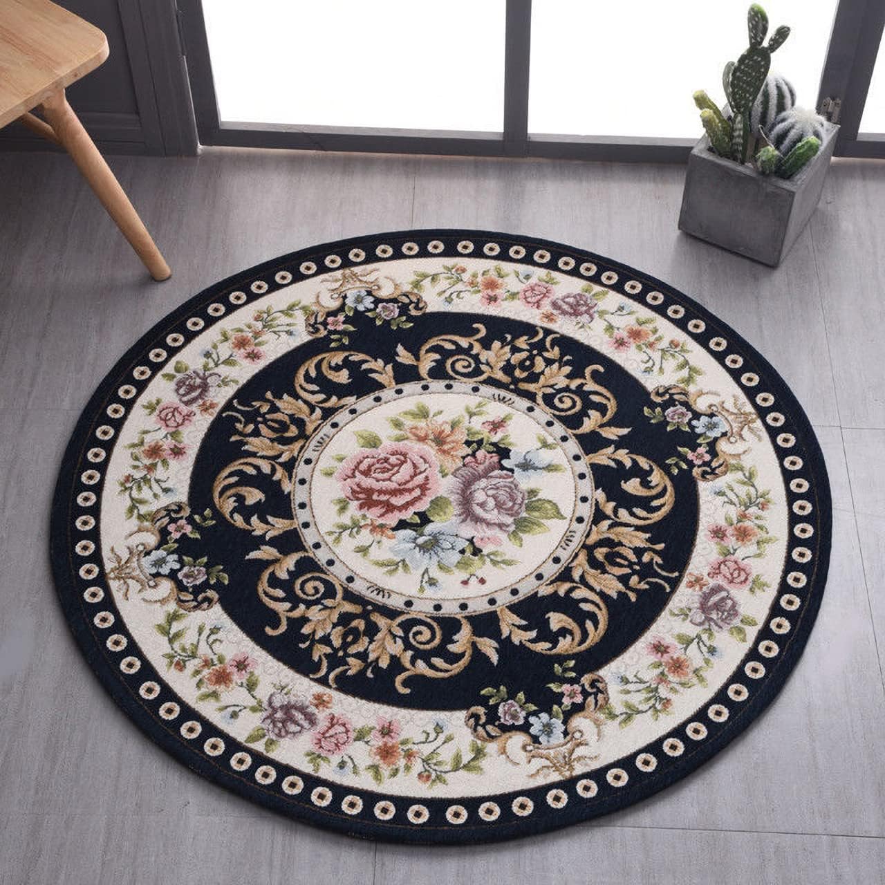 3ft Floral Round Non-Slip Area Rug - Machine Washable Classic Design for Living Room, Kitchen & Bedroom - Eco-Friendly Traditional Dark Blue Carpet for Home Decor