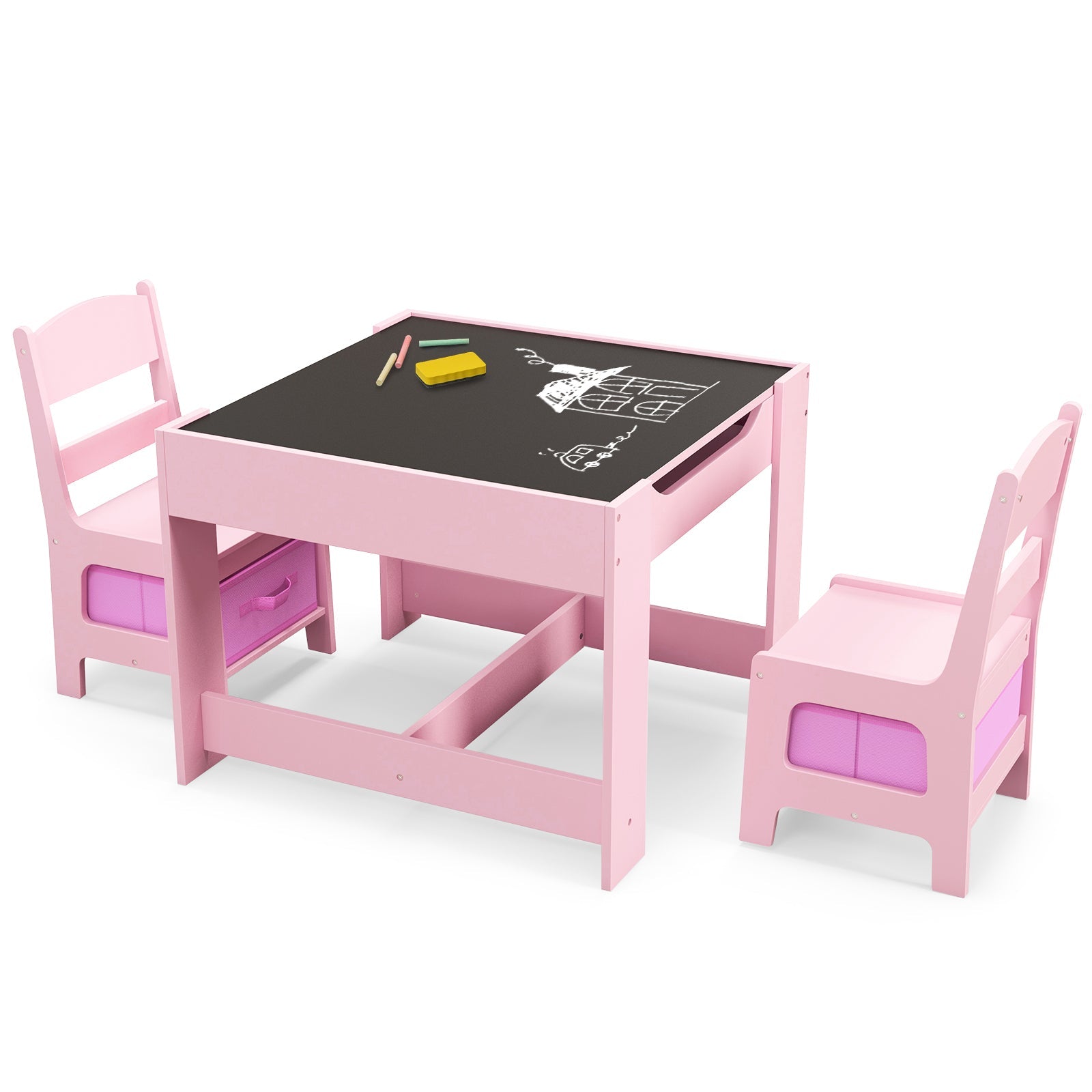 Kids Table and Chairs Set with Storage Boxes & Blackboard Whiteboard - Pink Drawing Activity Furniture for Toddlers, Perfect for Playroom, Classroom or Home Learning Space