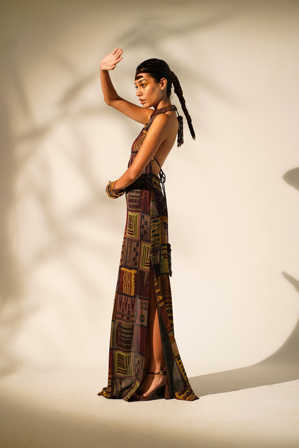 Stylish Multicolor Abstract Print Halter Neck Dress with Baroque Metallic Embellishments - Perfect for Evening Parties, Cocktail Events & Summer Vacations