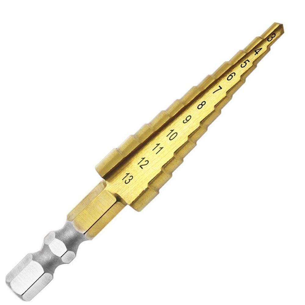 Premium HSS Titanium Coated Step Drill Bit Set (3-13mm) - Hex Shank, Tapered Core for Metal & Woodworking - Durable & High-Speed Steel - Perfect for DIY Projects, HVAC, Plumbing & Electrical Work (130mm Overall Length)