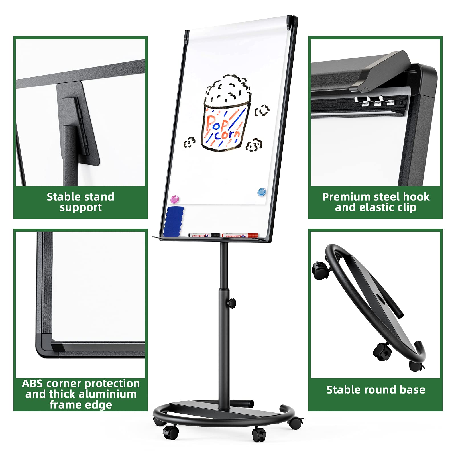 40x28 Inch Magnetic Dry Erase Whiteboard with Adjustable Stand - Portable Mobile Flipchart Easel for Office & Classroom - Includes Markers, Magnets & Eraser (Black) - Perfect for Presentations, Brainstorming & Teaching