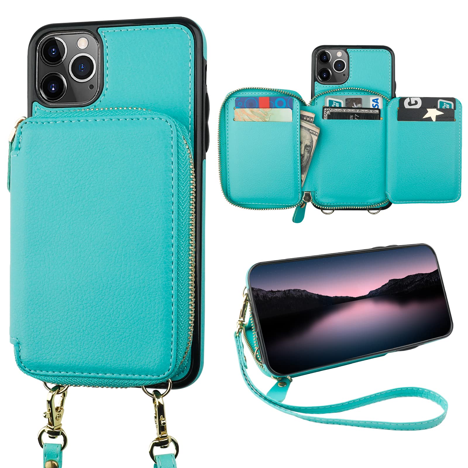 RFID Blocking Wallet Case for iPhone 11 Pro Max (6.5 Inch) - PU Leather Flip Folio with Adjustable Crossbody Strap, Detachable Wrist Strap & Kickstand - Mint Green - Perfect for Travel, Shopping & Everyday Use