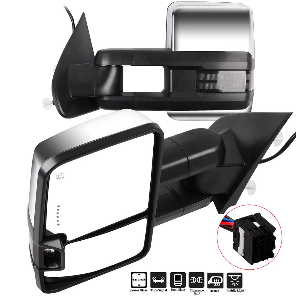 CCiyu Chrome Power-Adjusted Heated Towing Mirrors with LED Turn Signal & Puddle Light - Compatible with 2015-2019 GMC Sierra 2500/3500 Pickup (LH Left & RH Right) - Perfect for Enhanced Visibility & Safety During Towing, Night Driving & Off-Road Adventures