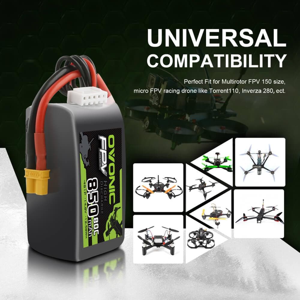 2 Pack Ovonic 80C 4S 850mAh 14.8V Lipo Battery with XT30 Plug - High Performance Rechargeable LiPo Battery for Cinewhoop Drones, FPV Racing, and Aerial Photography