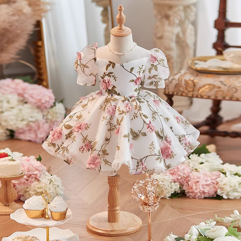 Elegant Baby Mesh Puff Sleeves Floral Dress for Birthday Party, First Communion, Christening & Special Occasions - Toddler Girls' Formal Outfit