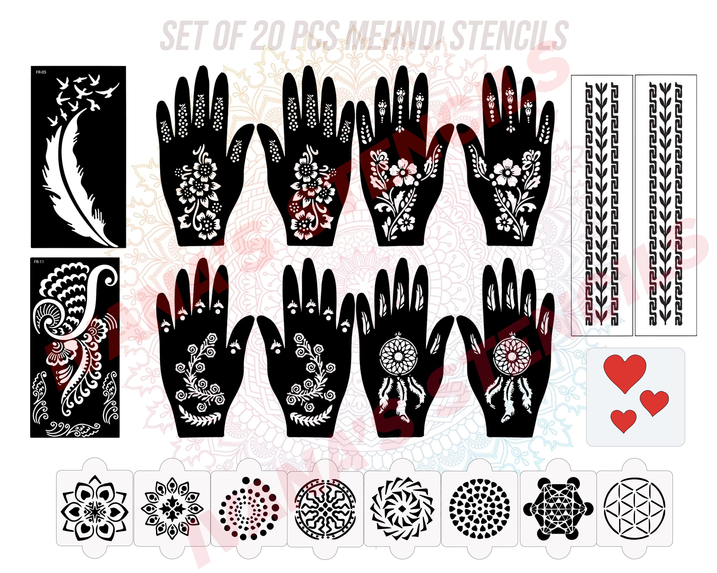 20 Pcs Reusable Henna Tattoo Stencils for Hands - Easy DIY Mehndi Design Stickers for Women, Girls & Teens | Perfect for Weddings, Parties & Festivals | Quick Application & Long-Lasting Art | D-2119