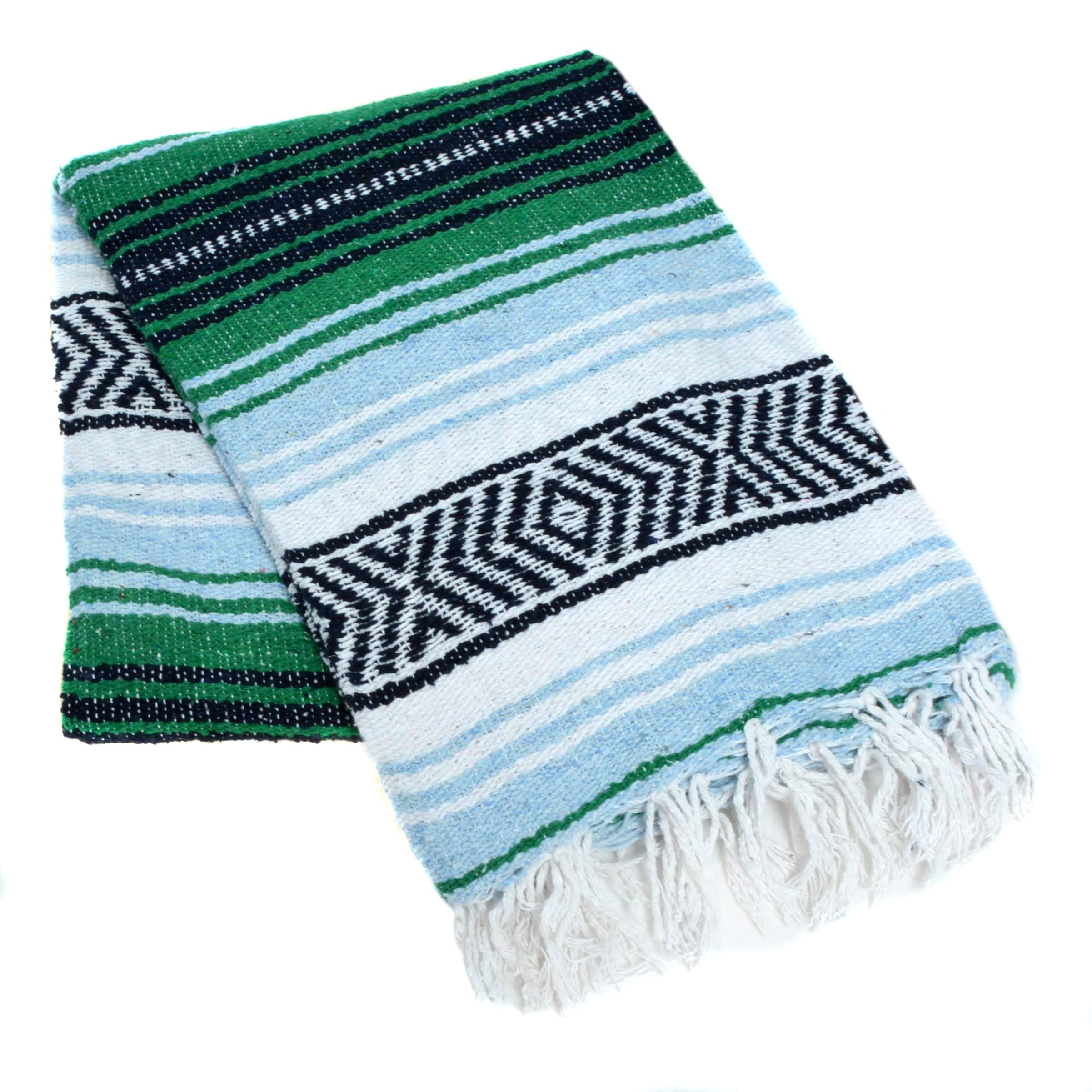 La Montana - Classic Mexican Yoga Blankets 10-Pack - Soft & Thick Reversible Blankets for Yoga, Meditation, Camping, Beach, Picnics - Machine Washable - Home Decor & Gift (Kelly Green/Light Blue/White) - Perfect for Outdoor Adventures, Cozy Home Use & Studio Sessions