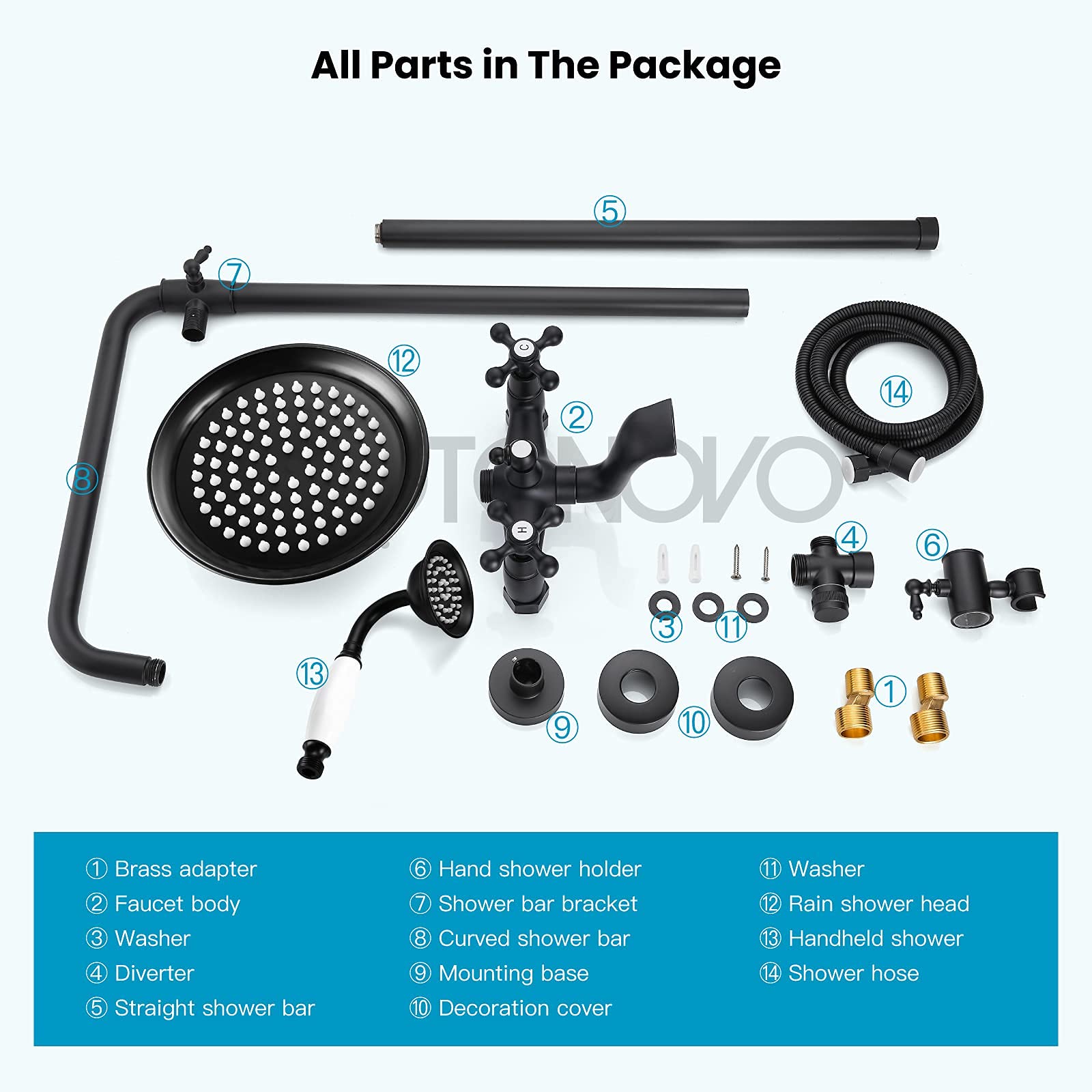 Gotonovo 8 Inch Matte Black Rainfall Shower System - Exposed Wall Mount Shower Faucet with Tub Spout, Handheld Spray & Double Cross Handles - Perfect for Bathroom, Outdoor & Modern Home Renovation