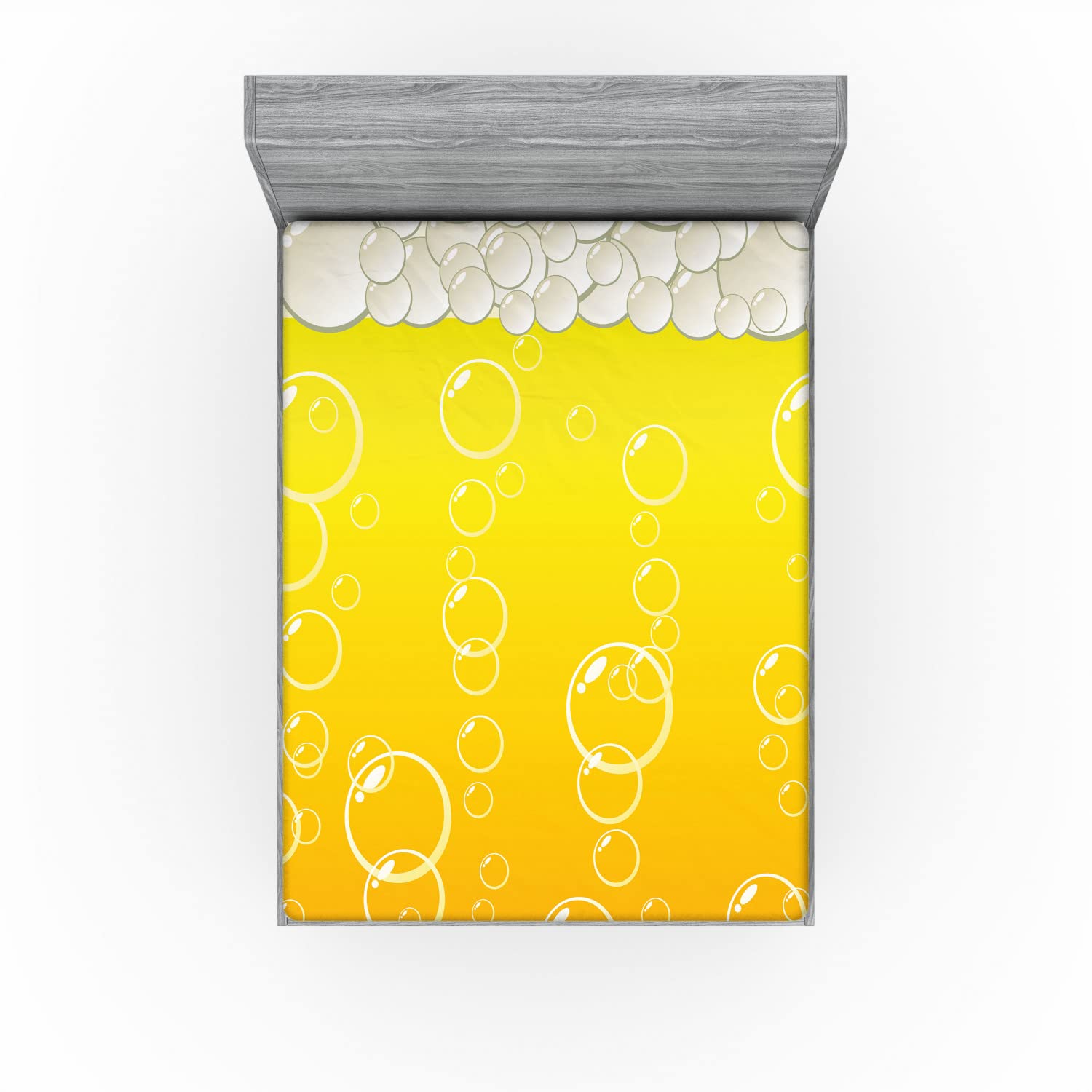 Ambesonne Abstract Fitted Sheet - Bubbles & Beer Alcohol Drink Design, Deep Pocket Elastic Queen Size Bed Sheet in Yellow & White | Perfect for Dorm Rooms, Guest Beds & Modern Home Decor