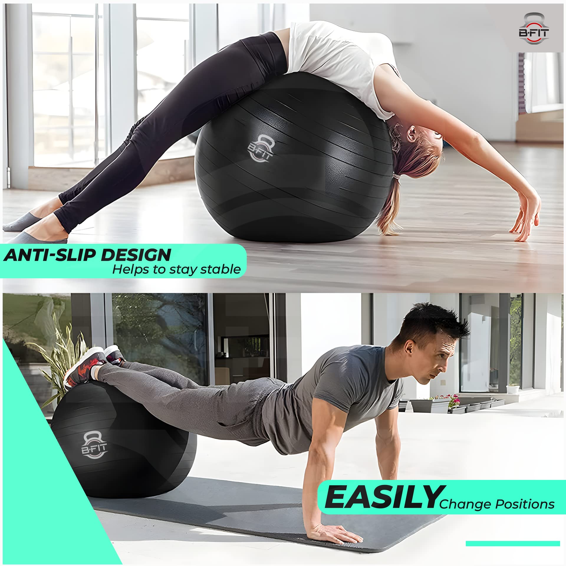 B Fit Anti-Burst Heavy Duty Commercial Gym Ball – 75cm Teal – Professional Exercise & Yoga Ball for Home & Commercial Gyms – Perfect for Fitness, Pilates, Stability Training & Physical Therapy