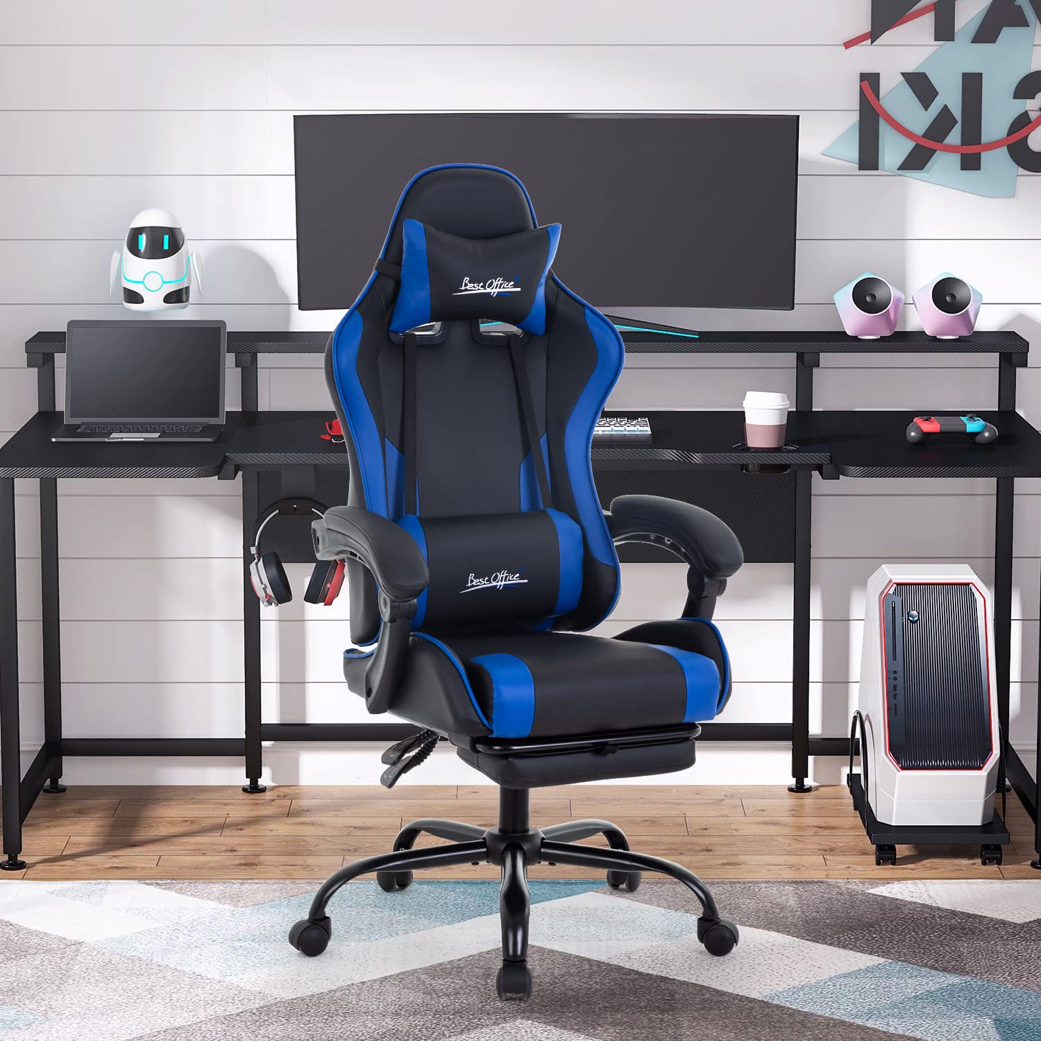Ergonomic Gaming Chair with Adjustable Lumbar Support, Headrest & Footrest - Blue PC Gamer Chair for Office, Home & Esports - Comfortable Swivel Rolling Desk Chair for Long Gaming Sessions & Work from Home