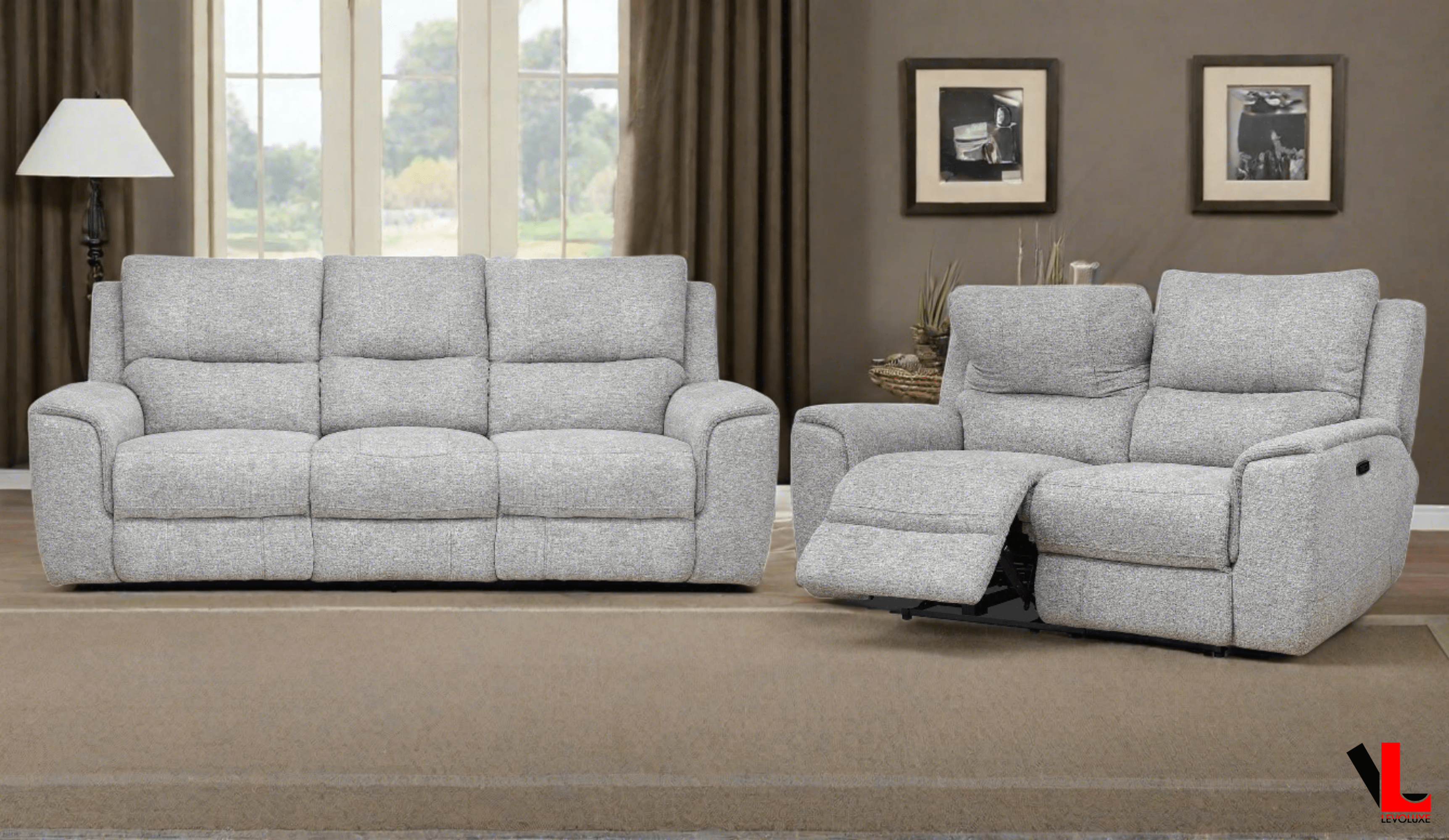 Sentinel 2-Piece Power Reclining Sofa and Loveseat Set with Adjustable Headrests in Tweed Ash Fabric - Perfect for Living Room, Home Theater & Family Movie Nights