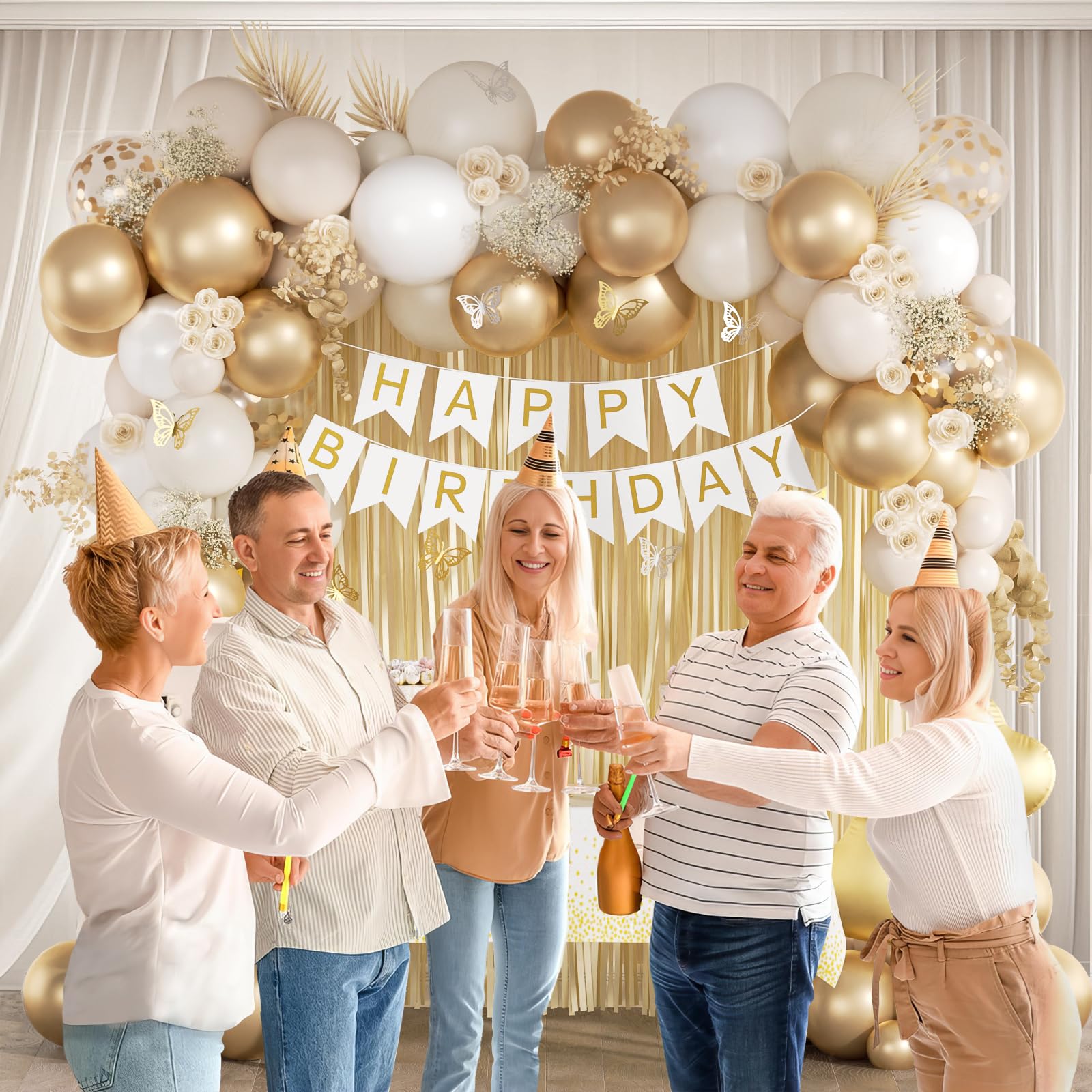 White & Gold Happy Birthday Party Decorations Set - Banner, Fringe Curtain, Tablecloth, Butterfly & Foil Balloons - Elegant Adult Women's Birthday Party Supplies | Perfect for Home, Office & Surprise Party Decor