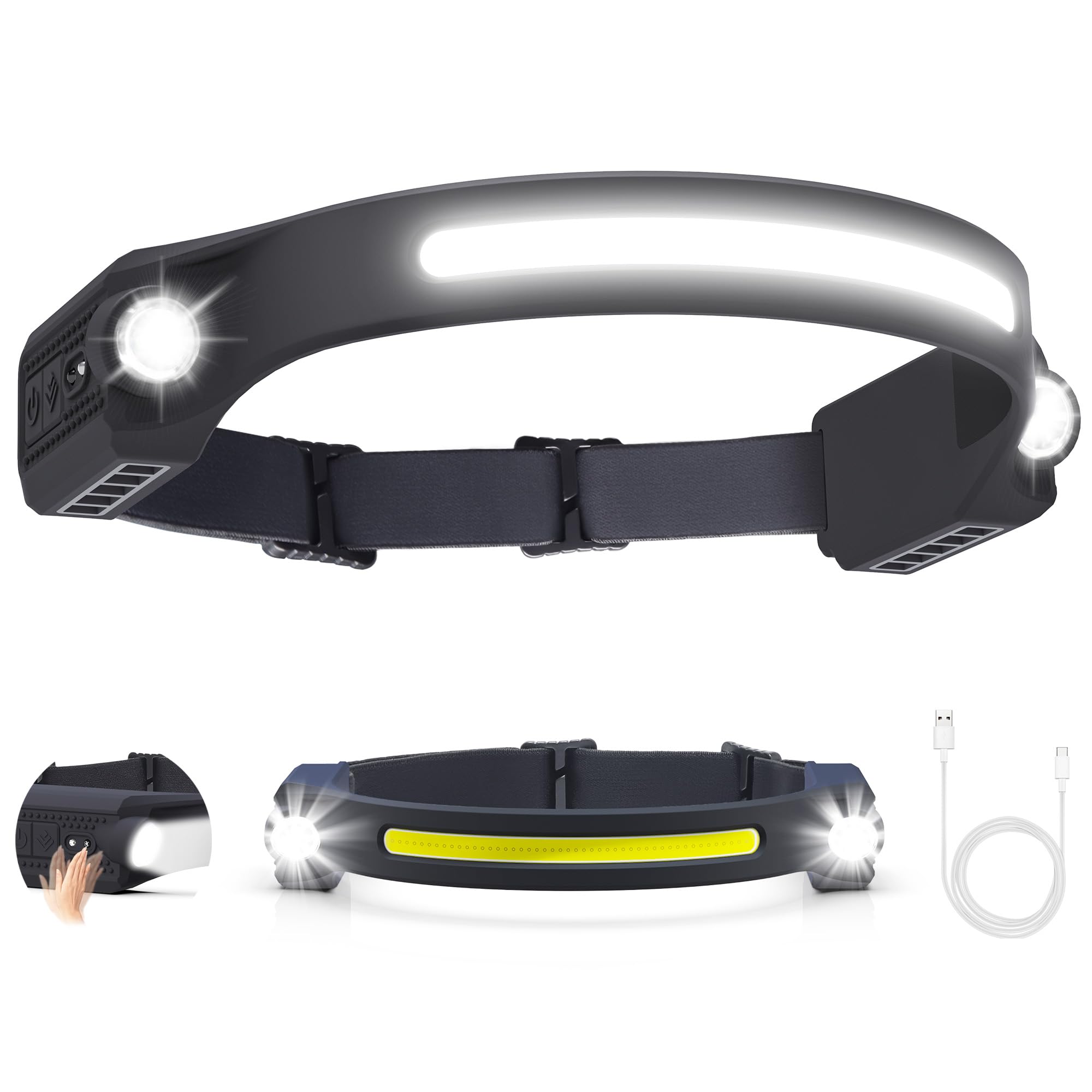 AlpsWolf Rechargeable LED Headlamp - 2 XPE & COB LED, 260° Wide Beam Headlight with Motion Sensor, IPX4 Waterproof for Camping, Hiking, Running, Fishing & Outdoor Activities (1 Pack)