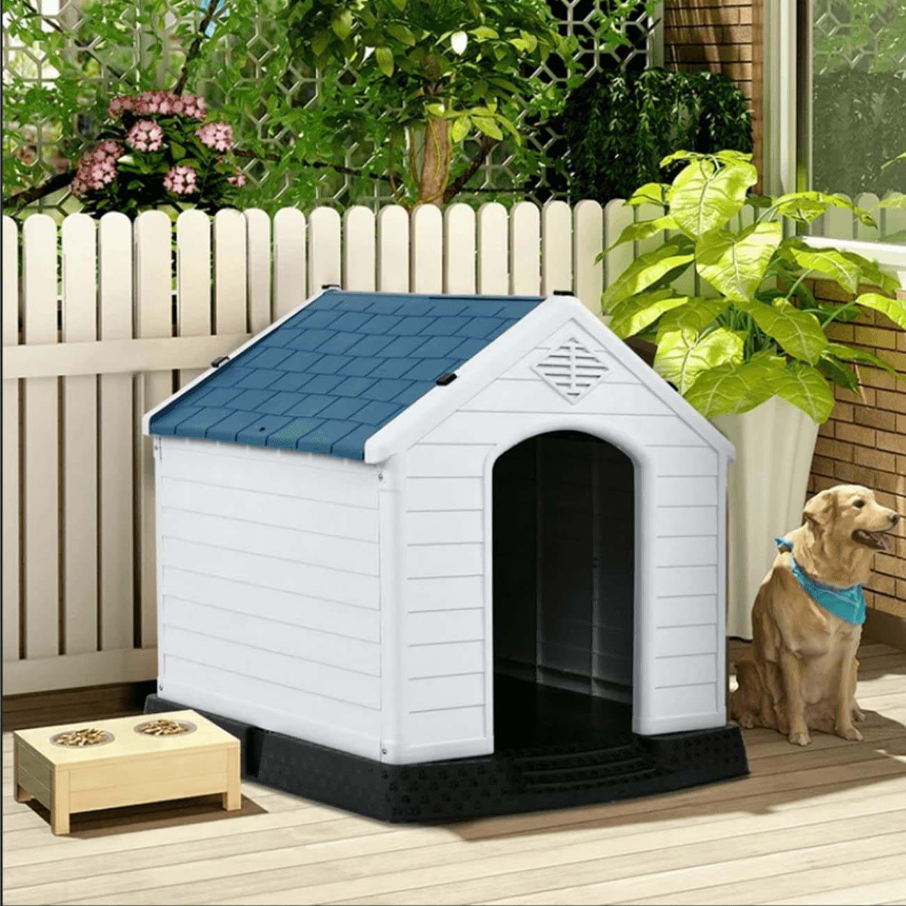 Extra Large Plastic Dog House for Small Medium Large Dogs - Indoor Outdoor Pet Shelter with Base Support, Air Vents & Elevated Floor (Blue & White) - Perfect for Backyard, Patio, Garden or Kennel Use
