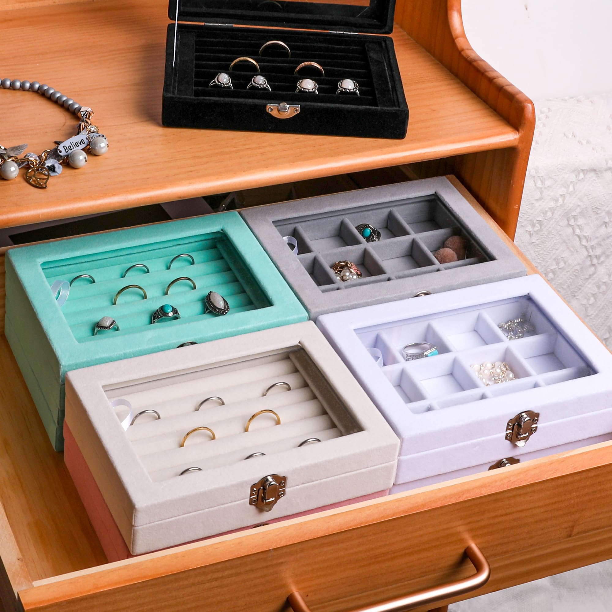 Frebeauty 7-Slot Jewelry Organizer Box with Clear Lid - Velvet Ring & Earring Storage Tray, Drawer Insert for Women - Perfect for Travel, Home Vanity, and Jewelry Display (Black)