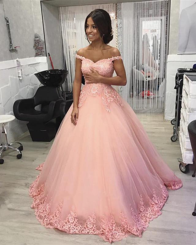 Elegant Lace Embroidery V-Neck Off-Shoulder Tulle Quinceañera Dress - Ball Gown for Sweet 15, Prom, Wedding & Special Occasions