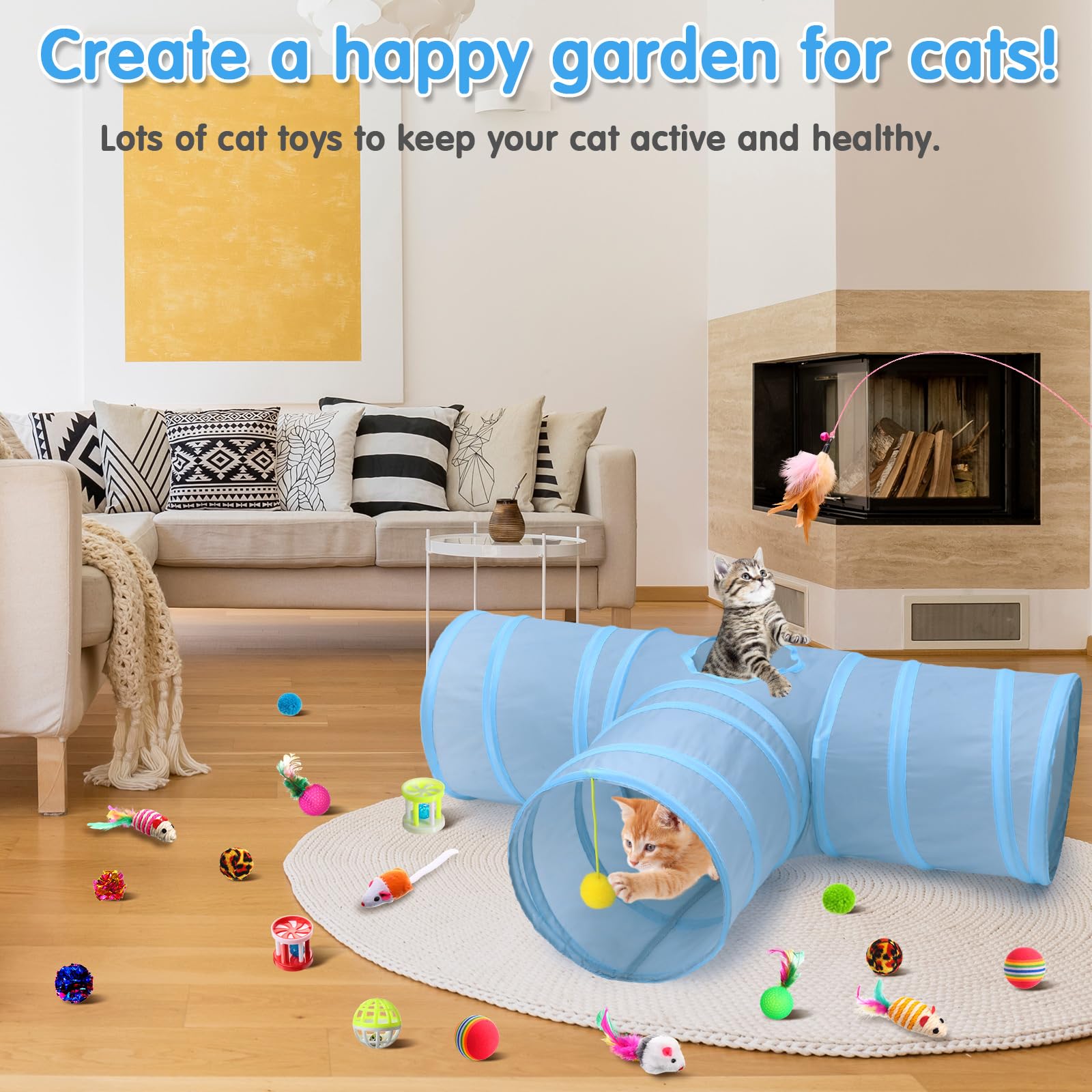 Wettarn 22-Piece Cat Toys Set with 2 Collapsible Tunnels & 20 Interactive Kitten Toys - Includes Feather Mouse, Crinkle Balls, Tubes for Indoor Cats & Puppies (Gray) - Perfect for Playtime, Exercise & Bonding with Your Pets