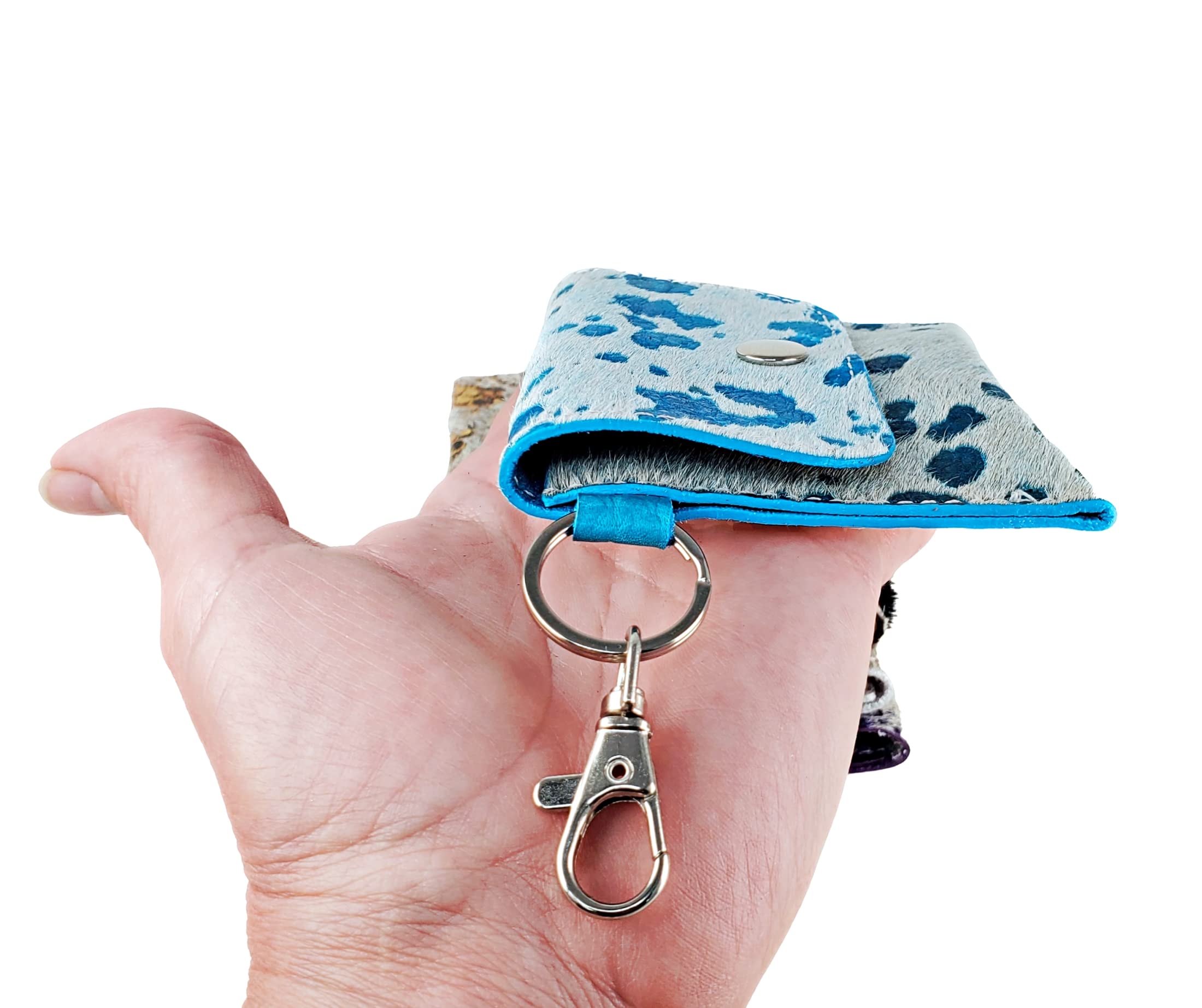 Premium Acid Wash Cowhide Keychain ID Card Wallet - Secure Business Card Holder with Hair-On Leather, Clip for Large Purses & Easy Grab & Go - Perfect for Travel, Work & Everyday Use (Turquoise Acid Wash)
