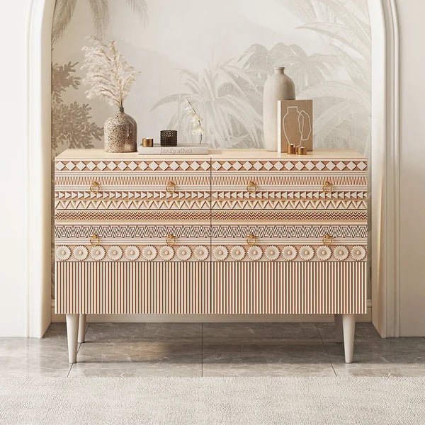 Hand Carved Wooden Boho Dresser with 6 Drawers - Vintage Style Bedroom Storage for Clothes, Jewelry & Accessories
