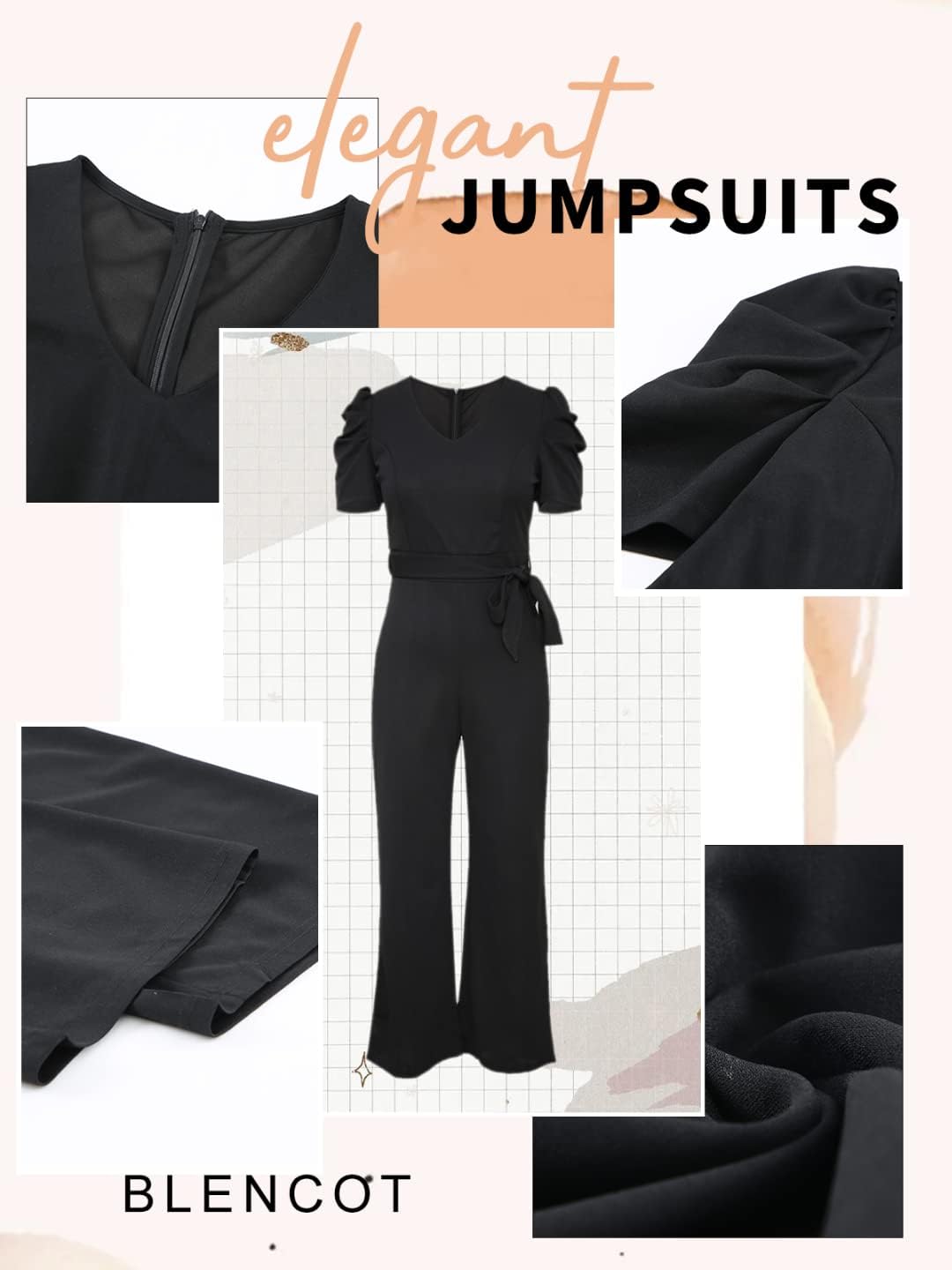 BLENCOT Women's Short Sleeve V-Neck Belted Wide Leg Jumpsuit - Casual to Formal Romper for Office, Party & Summer Outings