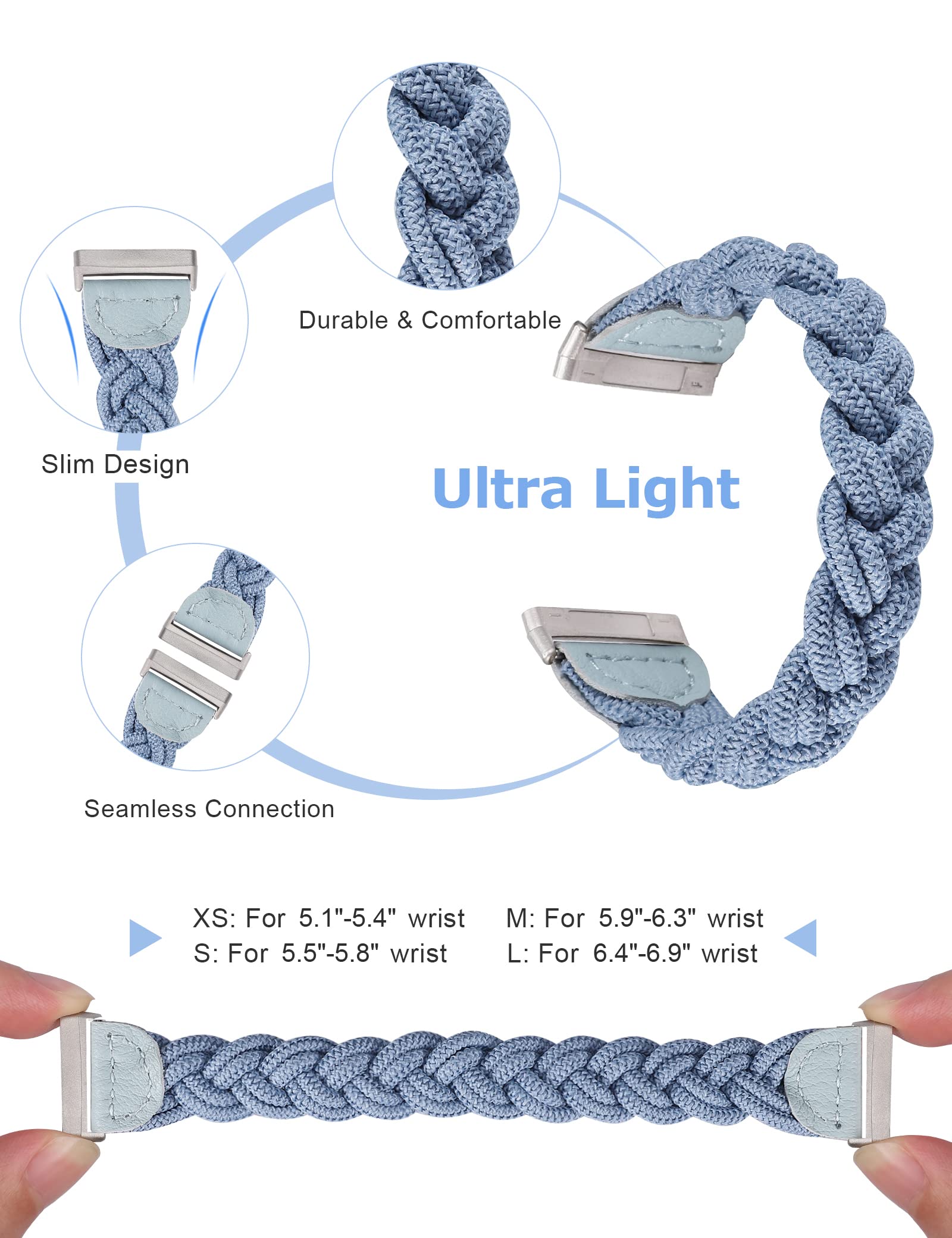 Fitbit Sense/Versa 3/Sense 2/Versa 4 Replacement Bands - Slim Stretchy Braided Solo Loop Wristband for Women (Sky Blue, Small) - Comfortable Elastic Fitness Tracker Accessory for Workouts, Running & Daily Wear