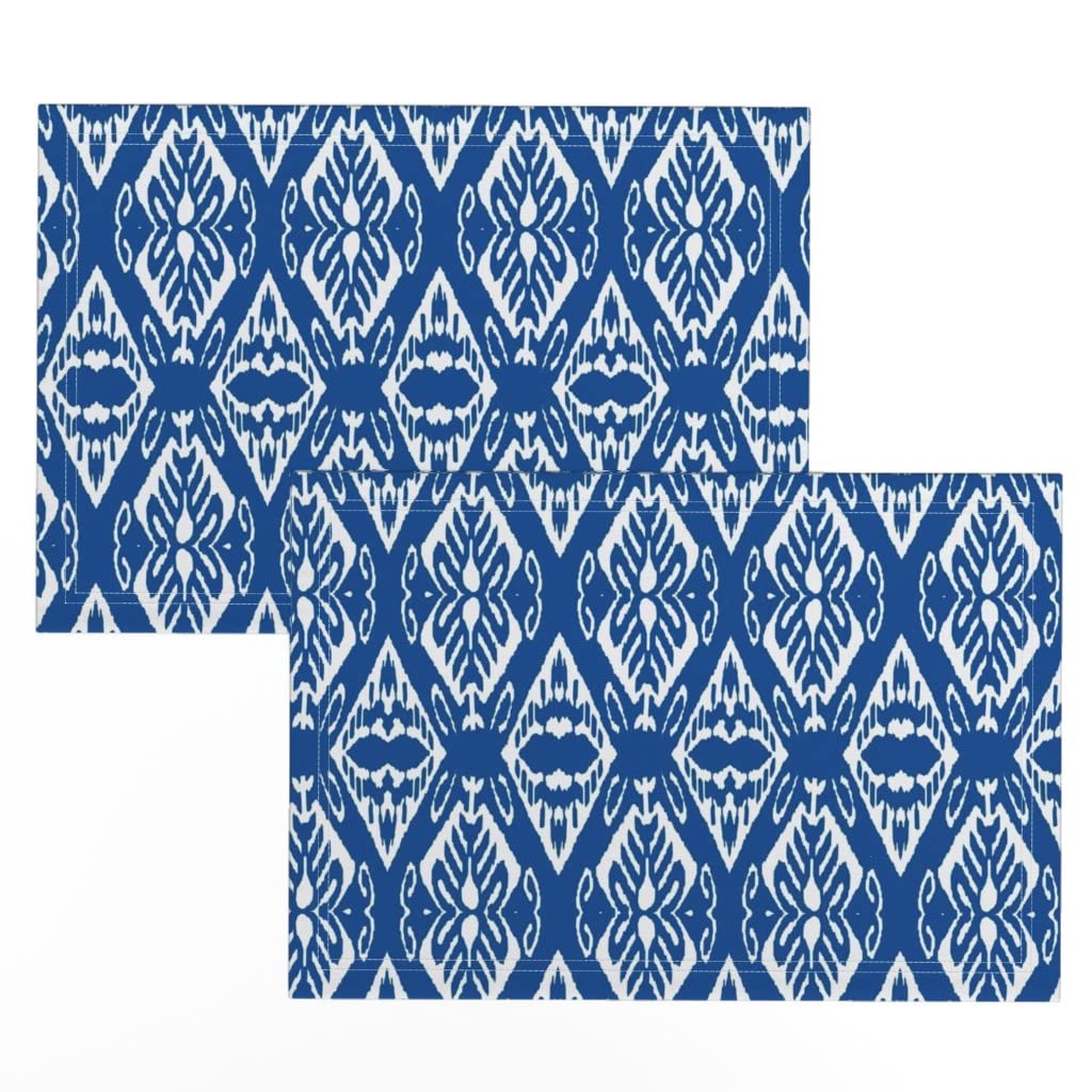 Premium Linen Cotton Canvas Placemats Set of 2 - Diamond Ikat Pattern in Navy Blue, White & Cobalt - Classic Tropical Print Table Mats for Dining, Kitchen & Party Decor