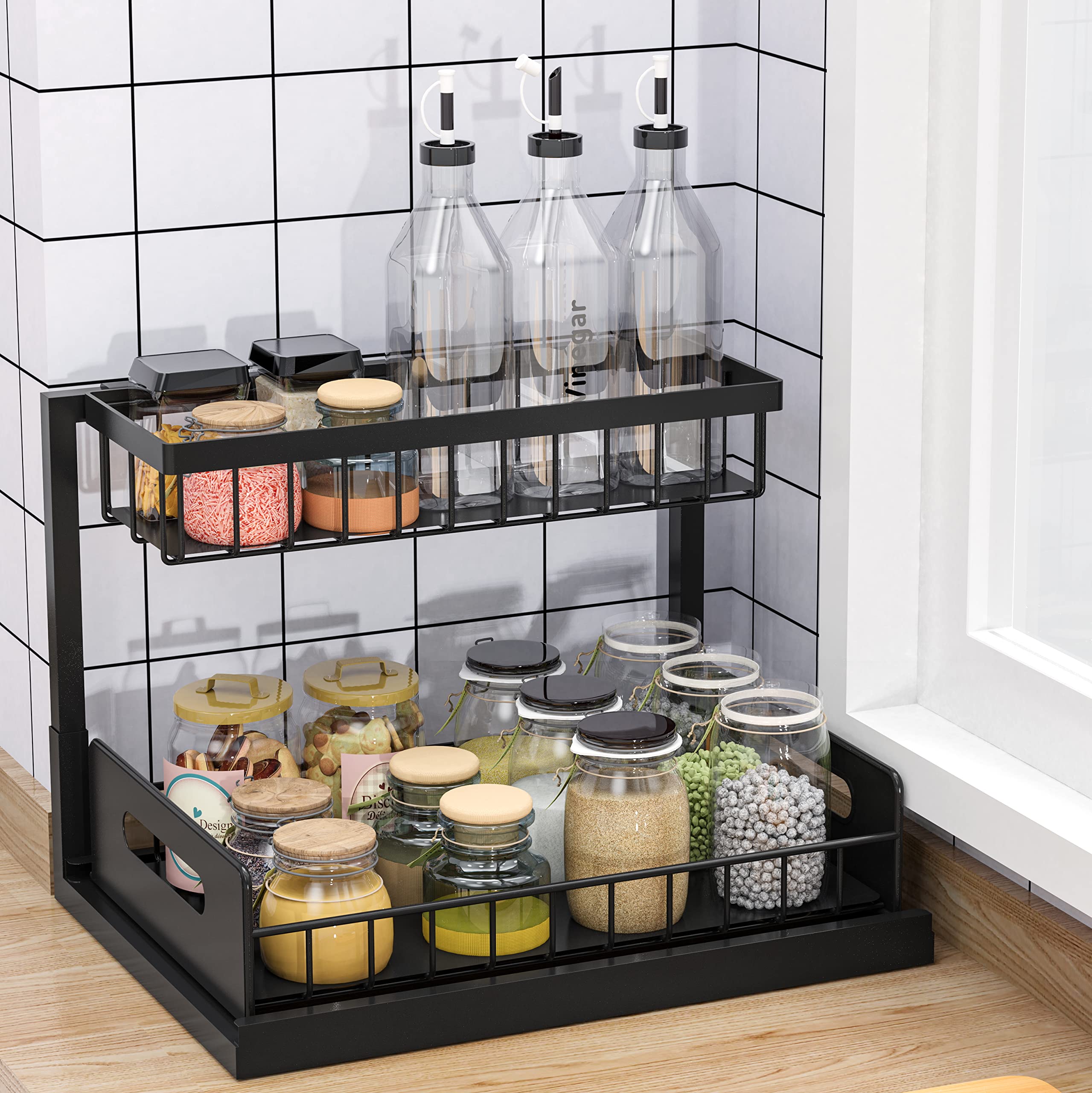 Bukfen 2-Tier Pull Out Under Sink Organizer - Slide Out Cabinet Storage Shelf for Kitchen & Bathroom | Space Saving Solution for Cleaning Supplies, Cosmetics & Toiletries (2 Pack) - Perfect for Small Spaces & Cluttered Cabinets