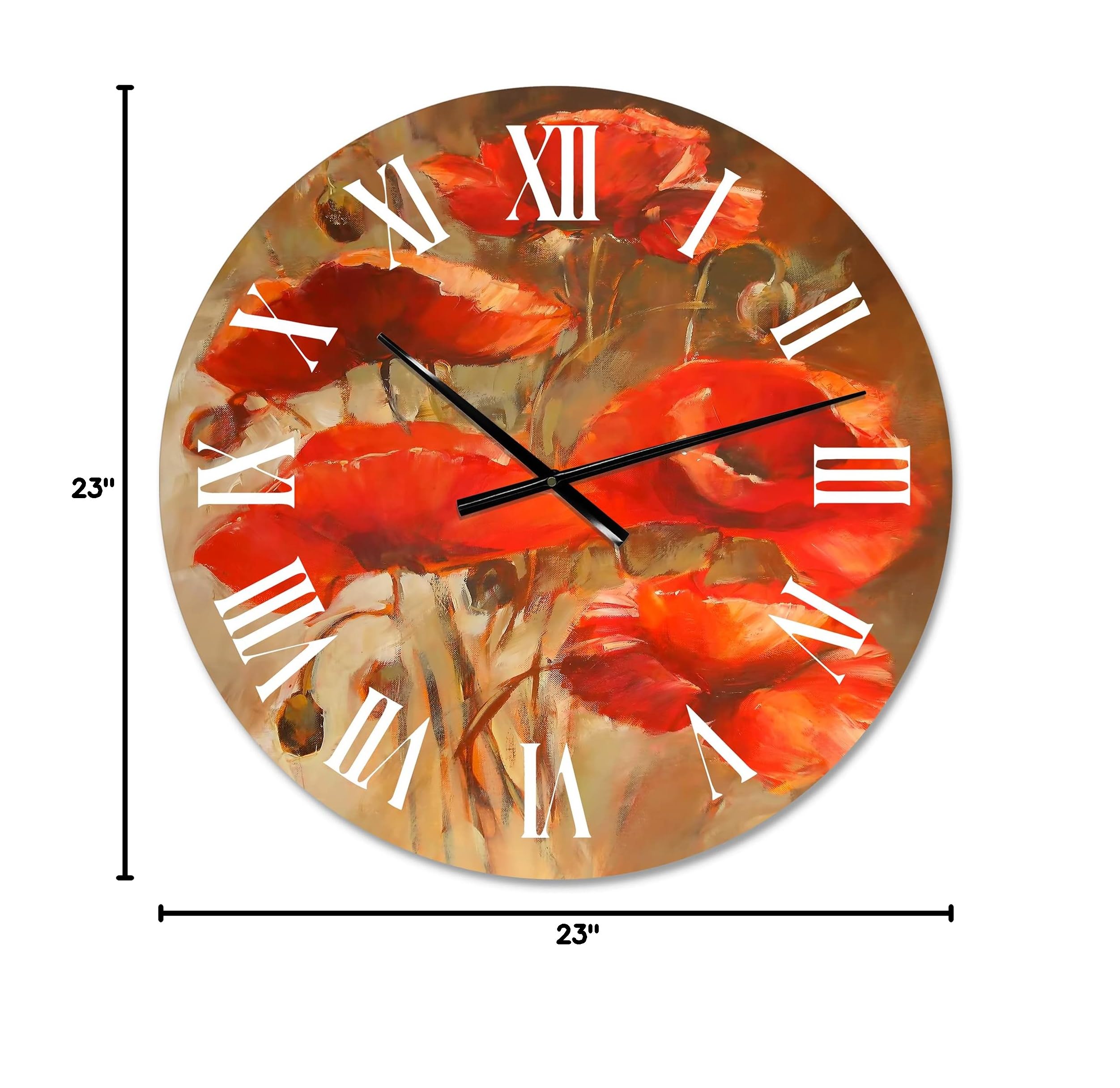 Red Blossoming Poppies VI - Large Traditional Floral Wall Clock for Kitchen, Living Room & Bedroom Decor | Silent Non-Ticking Botanical Design
