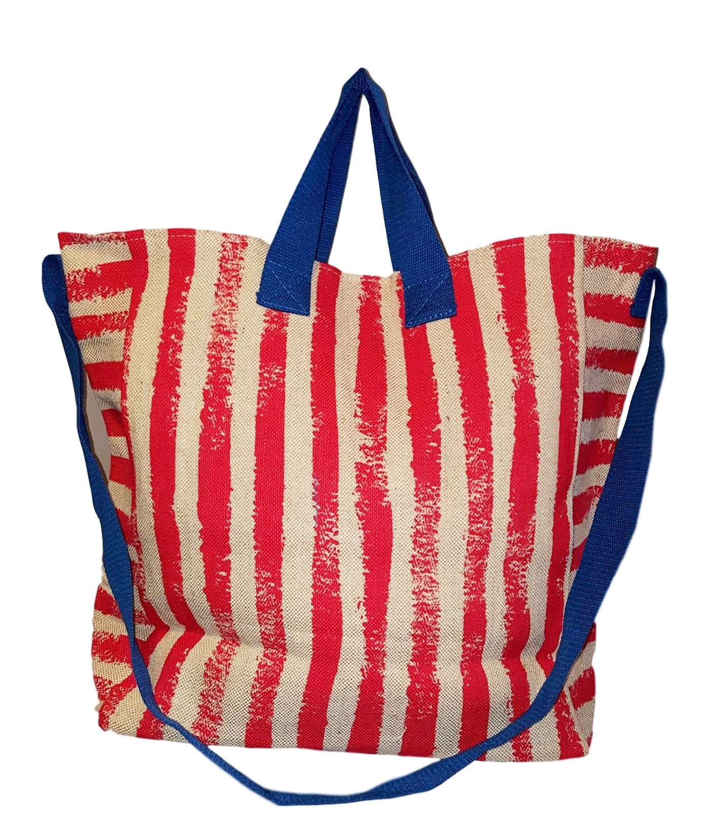 2 in 1 Large Beach Tote Bag with Custom Embroidery - Red Stripe & Blue Trim Crossbody Shoulder Bag for Women | Perfect for Travel, Shopping & Summer Outings