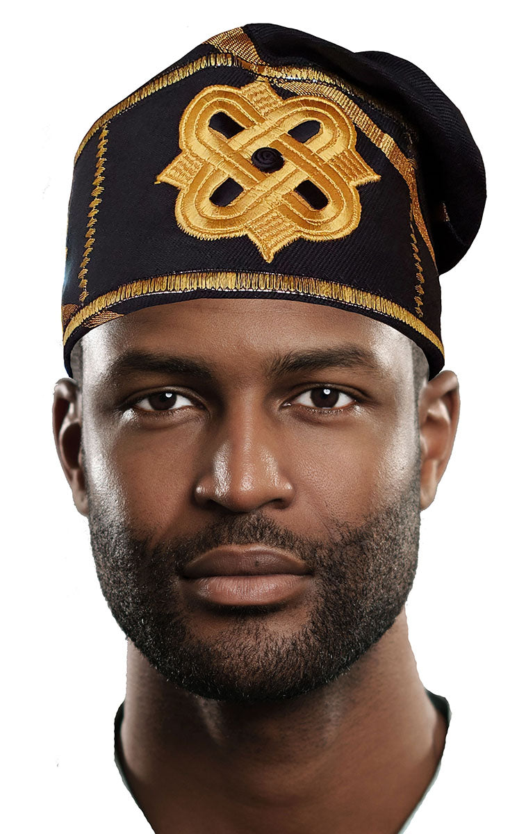 Black and Gold Embroidered African Handwoven Aso Oke Hat for Men & Women - Traditional Yoruba Headwear for Weddings, Parties & Cultural Events