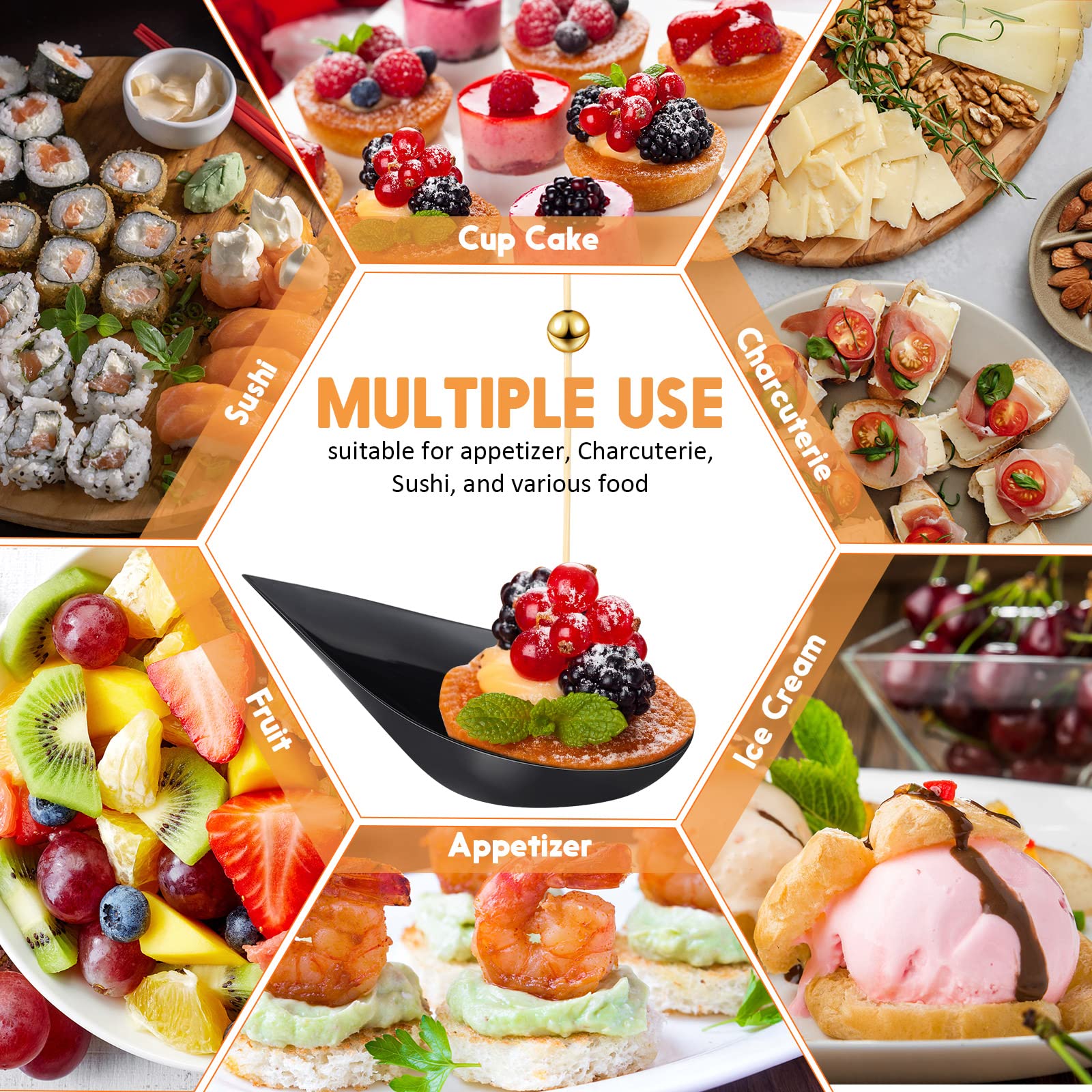 400 Pcs 4 Inch Black Tear Drop Mini Appetizer Plates & 200 Plastic Tasting Spoons with 200 Pearl Toothpicks - Elegant Catering Supplies for Wedding, Party, Cocktail Events - Perfect for Hors d'oeuvres, Desserts, and Finger Food Serving
