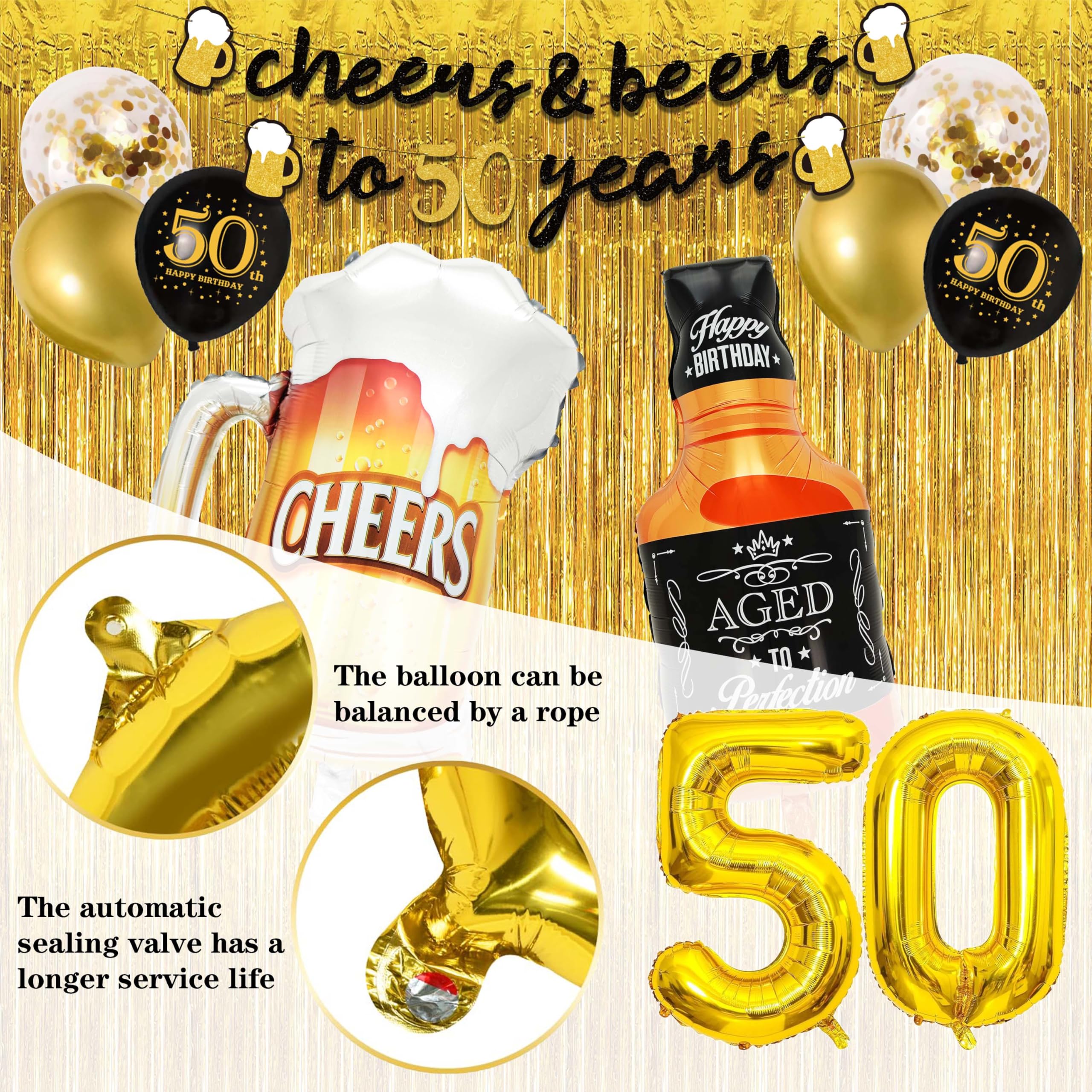 Black and Gold Cheers to 50 Years Banner - 50th Birthday Party Decorations for Men & Women - Happy 50th Birthday Backdrop & Balloons - Perfect for Milestone Celebrations, Retirement Parties, and Anniversary Events