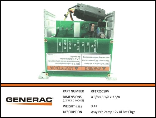 Generac 0F1725CSRV 12V 2AMP Battery Charger Assembly PCB - UL Certified Replacement Part for Generac Generators - Perfect for Home Backup Power & Emergency Use