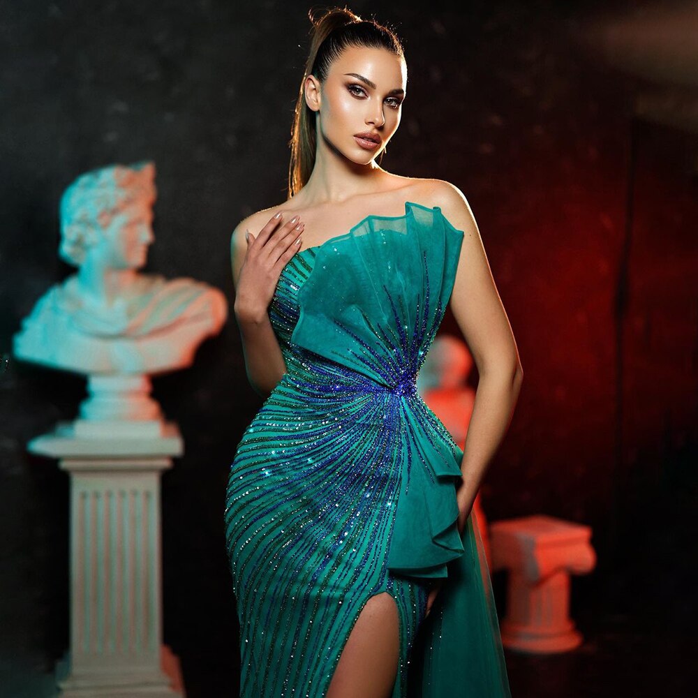 Serene Hill Green Beaded Mermaid Evening Gown with High Slit - Sexy Formal Dress for Women 2025 | Perfect for Prom, Cocktail Parties & Special Occasions