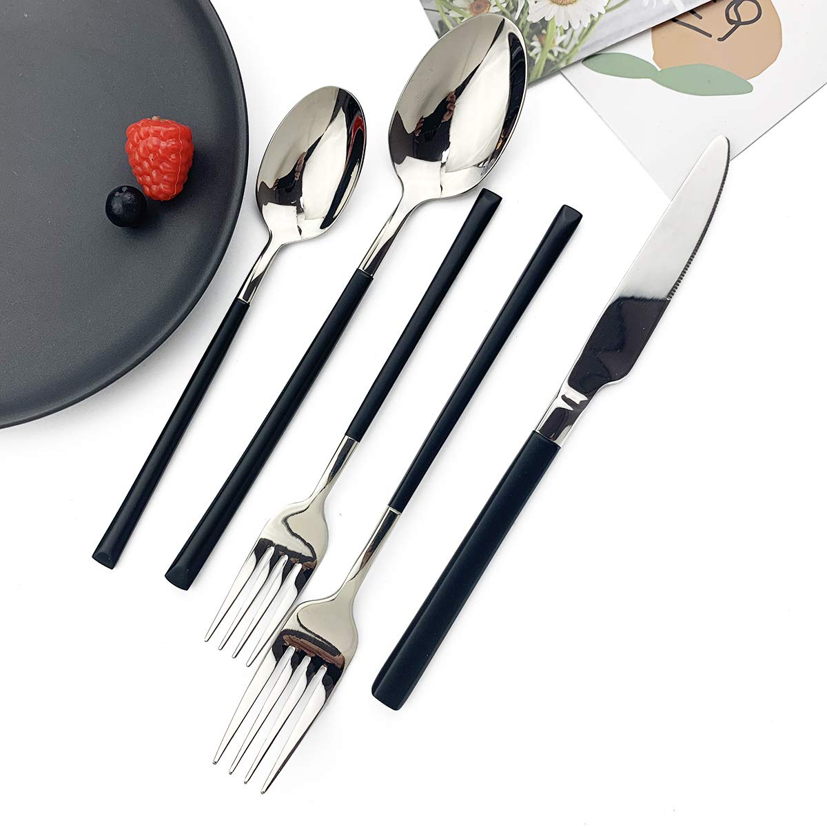 Premium JASHII 5-Piece Modern Silverware Set - 18/10 Stainless Steel Elegant Flatware with Square Edge - Mirror Polished & Dishwasher Safe (Black Silver) - Perfect for Fine Dining, Wedding Gifts & Upscale Kitchen Utensils