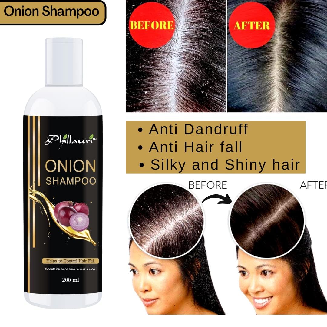 Phillauri Onion Hair Shampoo for Hair Fall Control & Anti-Dandruff Treatment | 200ml | Promotes Hair Growth & Scalp Health | Perfect for Daily Use & Damaged Hair Care