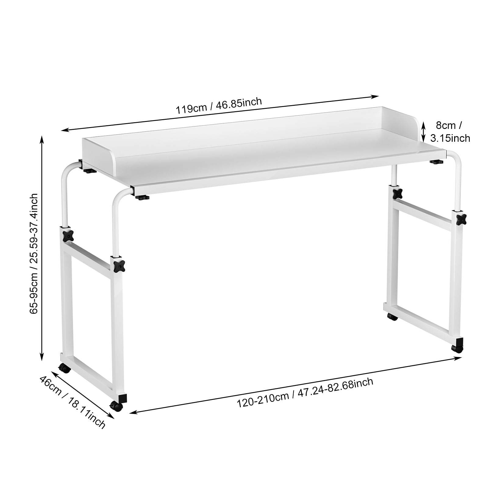 Adjustable Height Overbed Table with Wheels - Portable Rolling Desk for Laptop, Standing Workstation - Ideal for Hospital, Home Office & Bedroom Use - White Mobile Table with Raised Edge