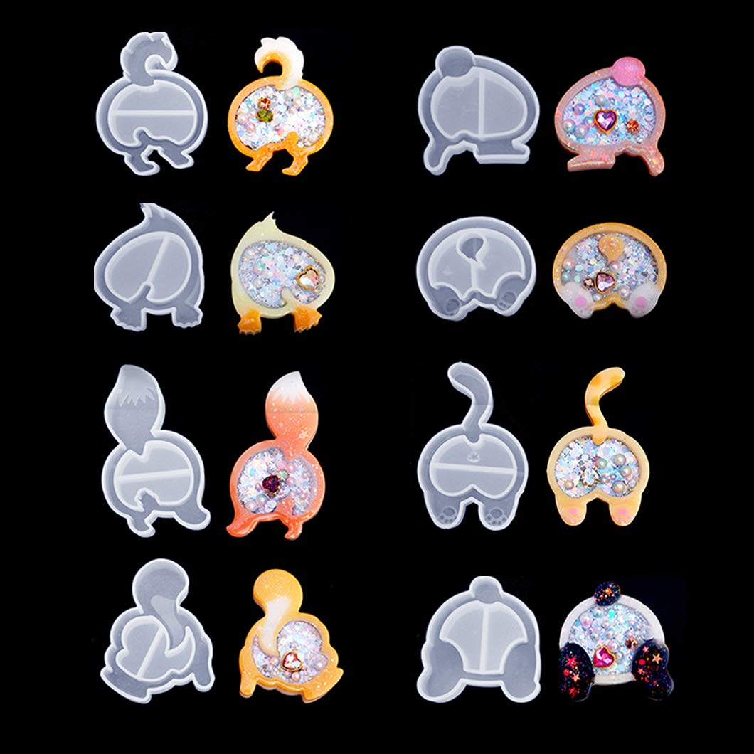 iSuperb 8 Styles Silicone Resin Shaker Molds - Animal Butt Shape Quicksand Molds for DIY Jewelry, Keychains & Pendants - Perfect for Resin Casting, Epoxy Crafts & Unique Home Decor (8-Piece Set)