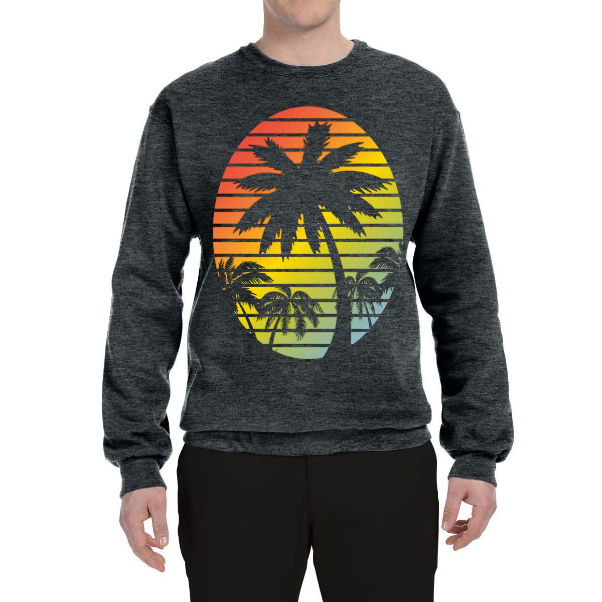 Wild Bobby Tropical Palm Trees Silhouette Sunset Graphic Unisex Crewneck Sweatshirt | Pop Culture Casual Wear for Beach Vacation & Summer Outfits