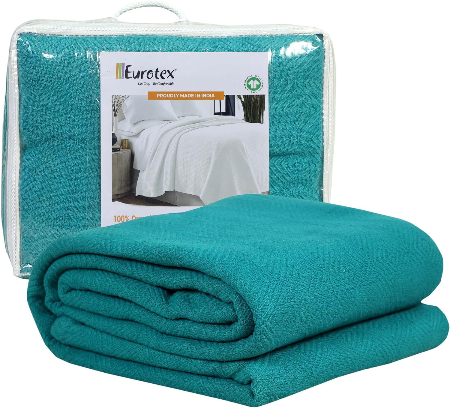 Premium 100% Cotton Twin Size Blanket - All-Season Soft & Breathable Thermal Blanket for Bed, 66x90 Inches - Diamond Cozy Heavy Weight for Fall/Winter - Teal Color | Perfect for Home, Dorm, Sofa & Gift Giving