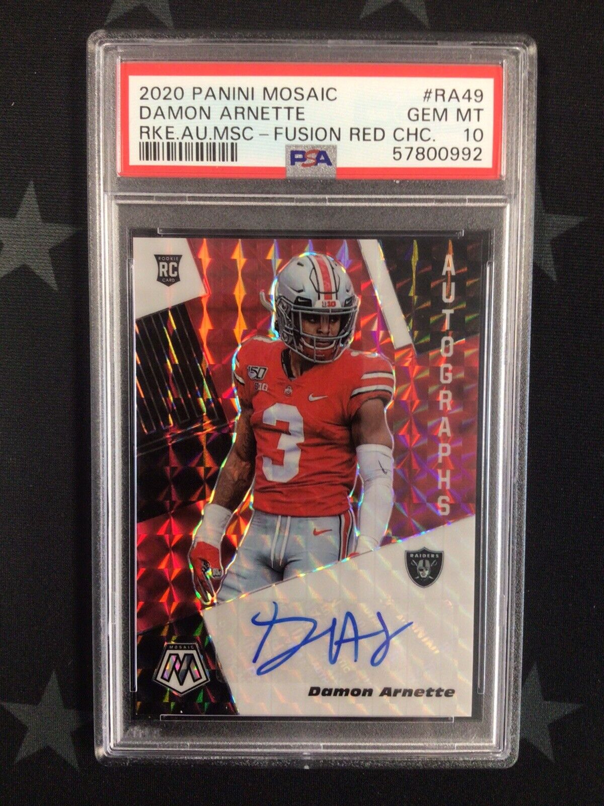2020 Panini Mosaic Damon Arnette Rookie Auto Fusion Red CHC #RA49 PSA GEM MT 10 - Rare Football Trading Card for Collectors & Sports Fans - Perfect for Display, Investment & Memorabilia Collections