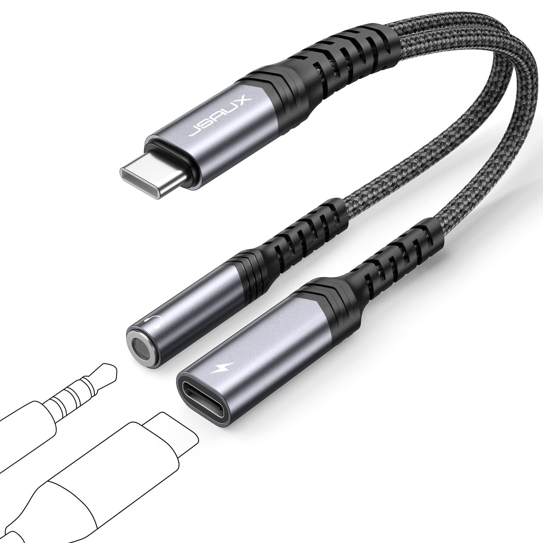 JSAUX USB C to 3.5mm Headphone and Charger Adapter - 2-in-1 Type C to Aux Audio Jack with PD 60W Fast Charging - Compatible with iPhone 16 Pro Max/15 Pro Max, Galaxy S24/S23 Ultra, Pixel 7 - Perfect for Travel, Gaming & Music Streaming