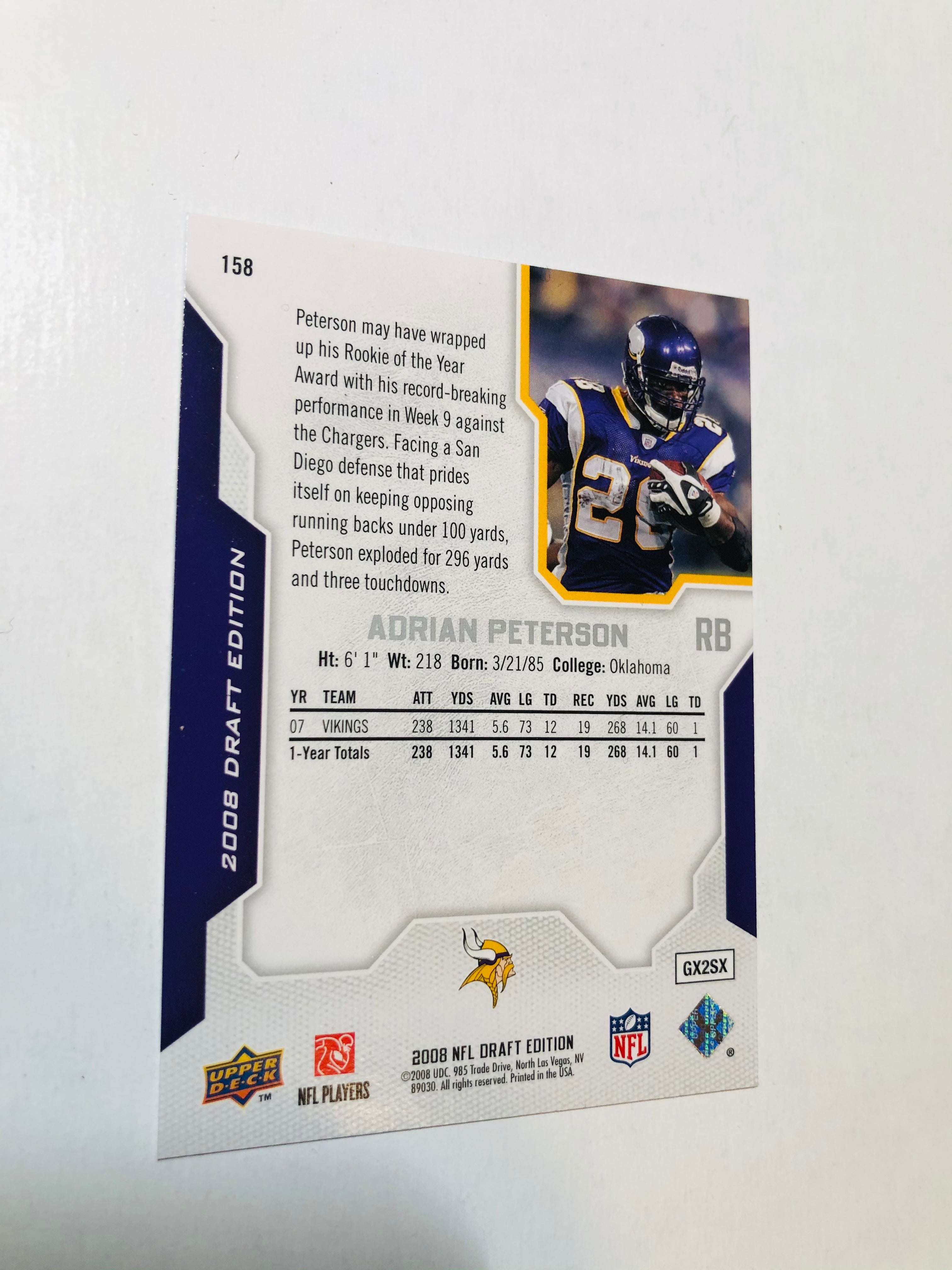 2007 Upper Deck Adrian Peterson Rookie Football Card - Rare Collectible for NFL Fans & Sports Memorabilia Enthusiasts - Perfect for Display, Trading, and Investment